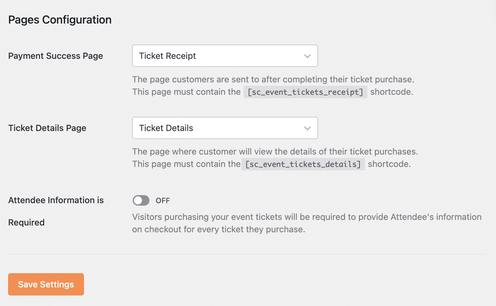 Pages Configuration settings for ticketing