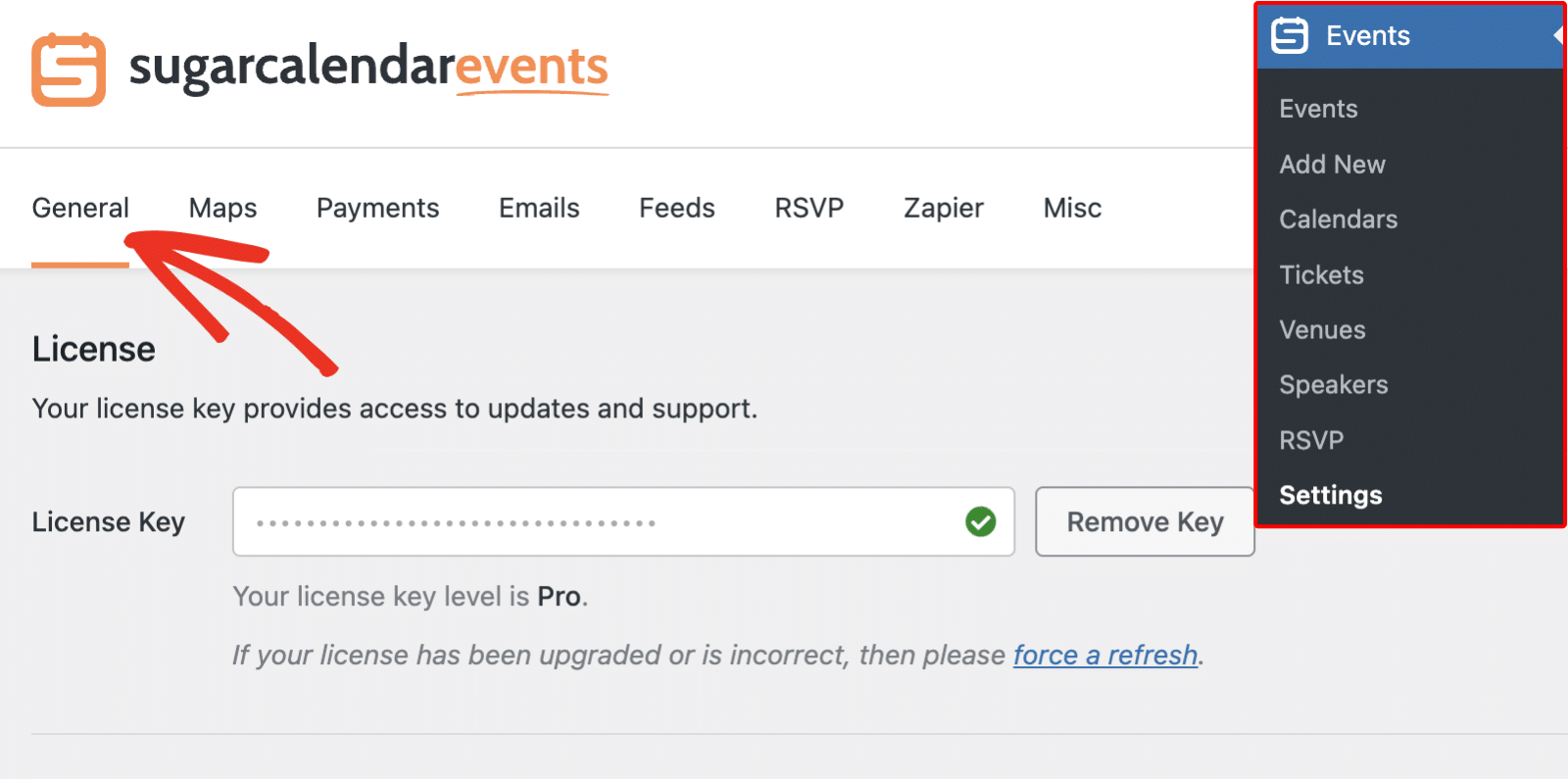 Access Sugar Calendar Settings from WordPress menu