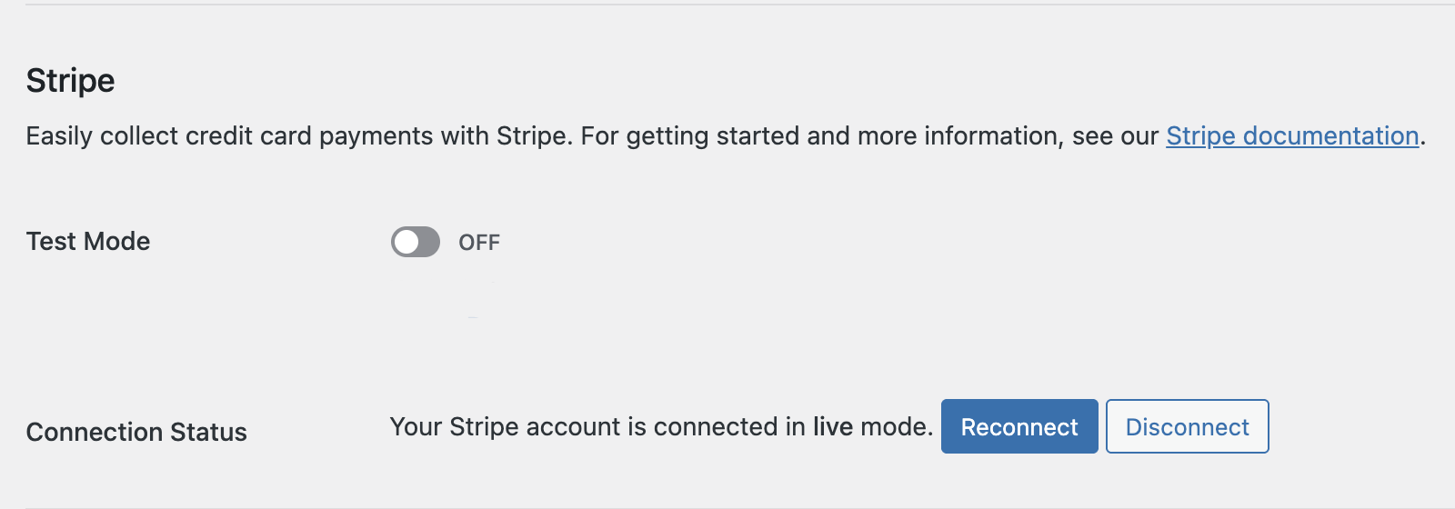 Stripe connection settings in Payments tab