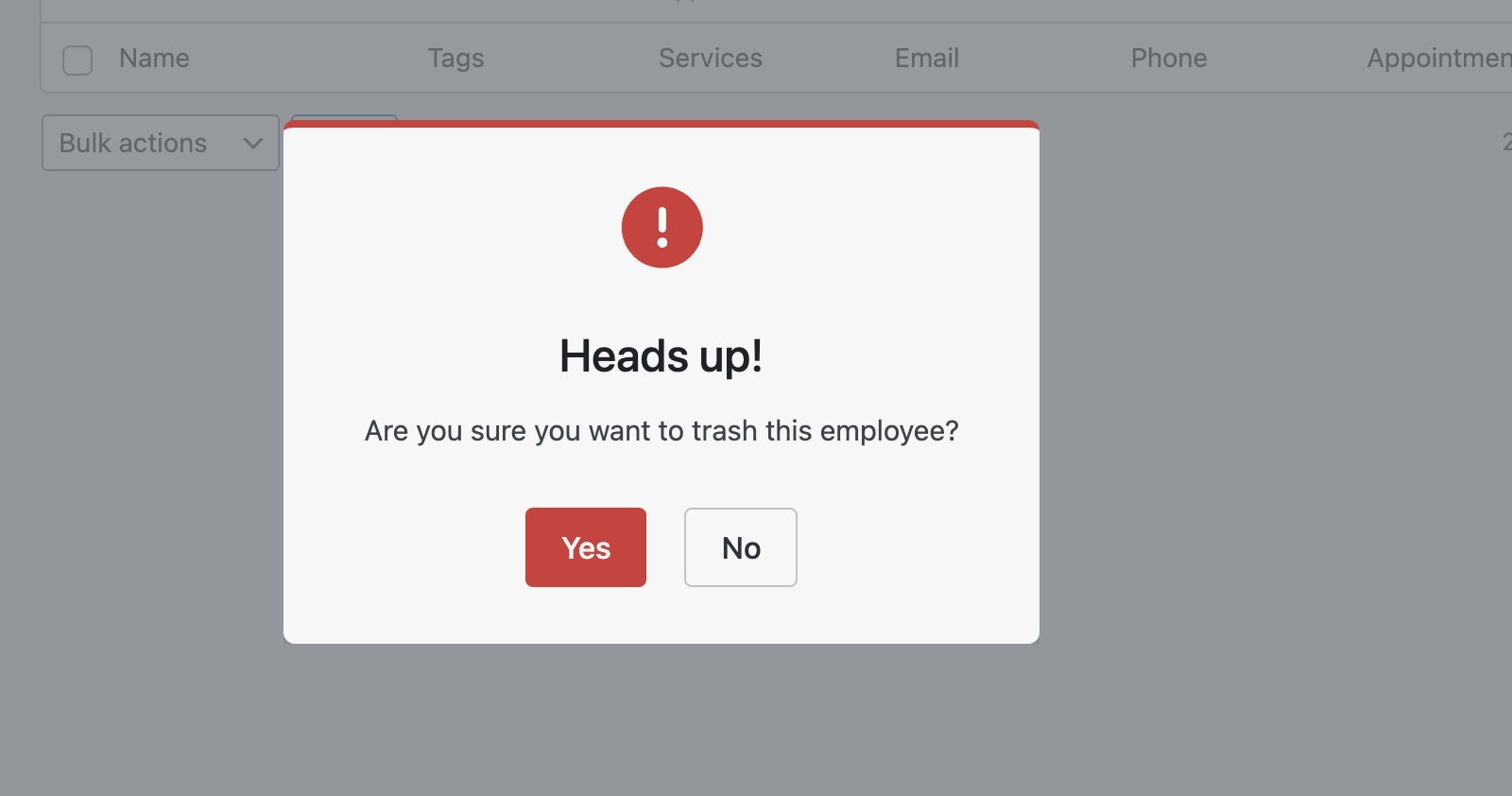 Confirm employee deletion
