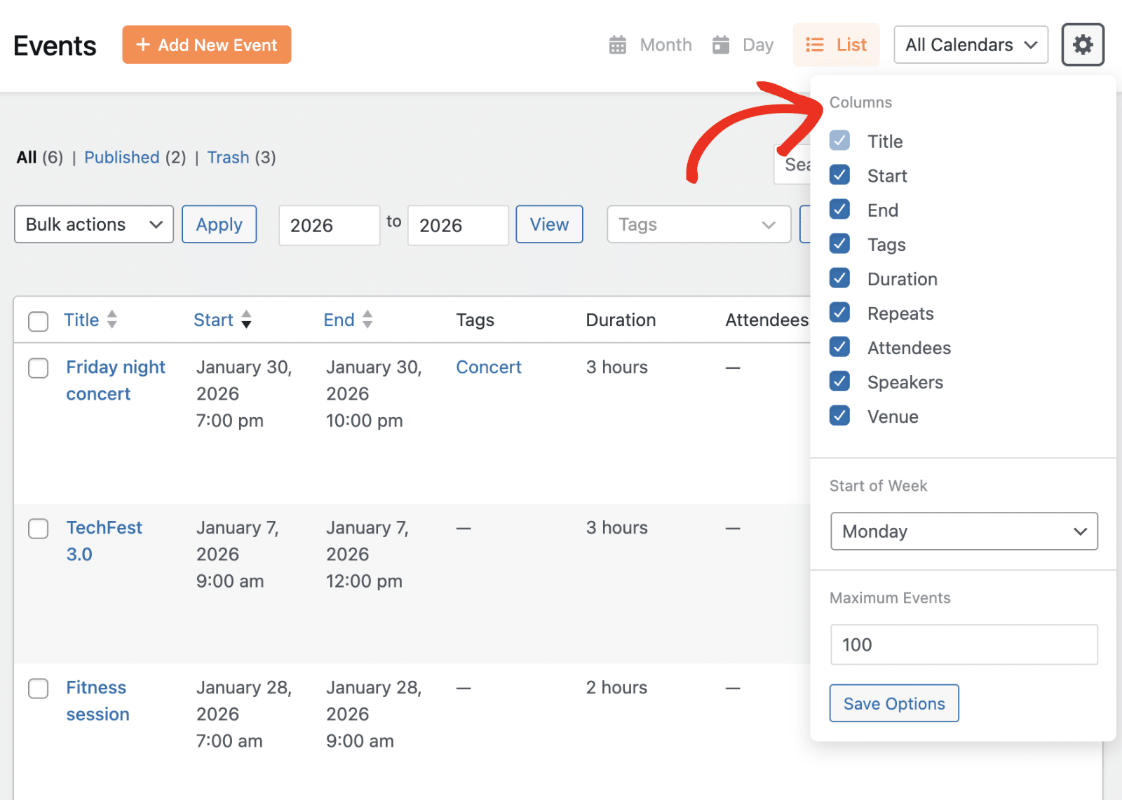 Toggle column visibility checkboxes