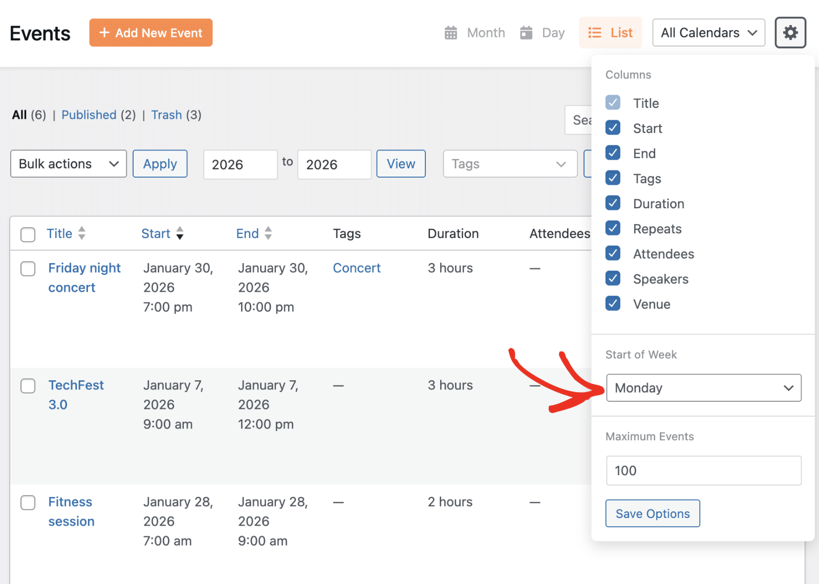 Select start of week from dropdown