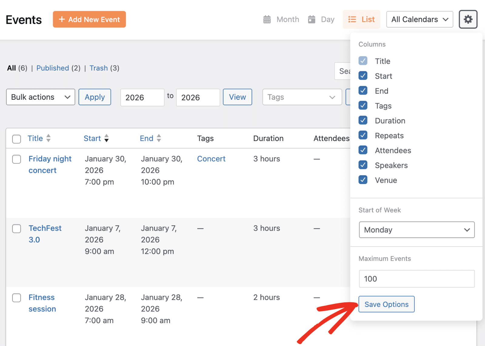 Click Save Options to save settings