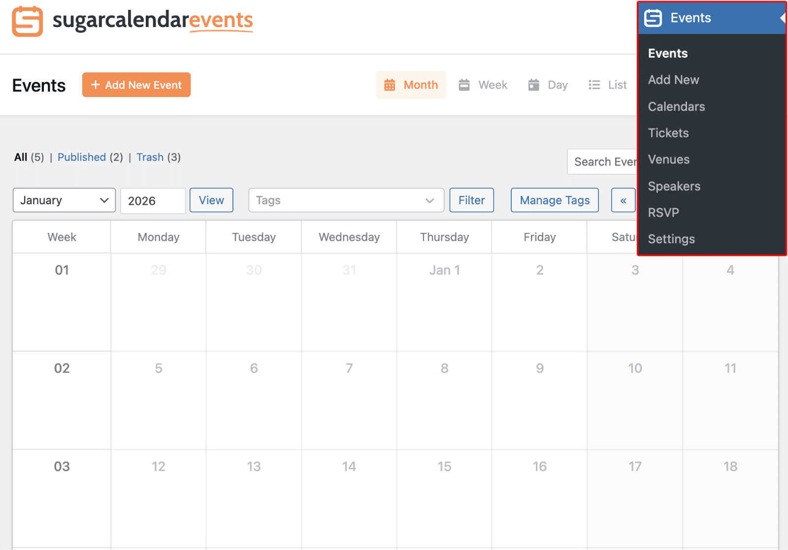 Navigate to Sugar Calendar Events from sidebar menu