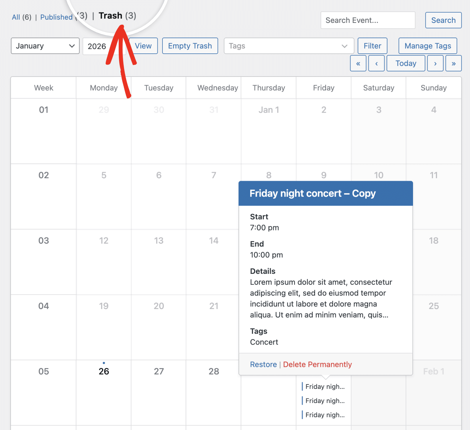 Click Trash link to view trashed events