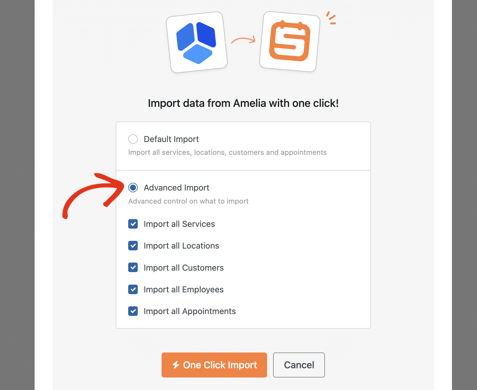 Select Advanced Import to choose specific data types to migrate