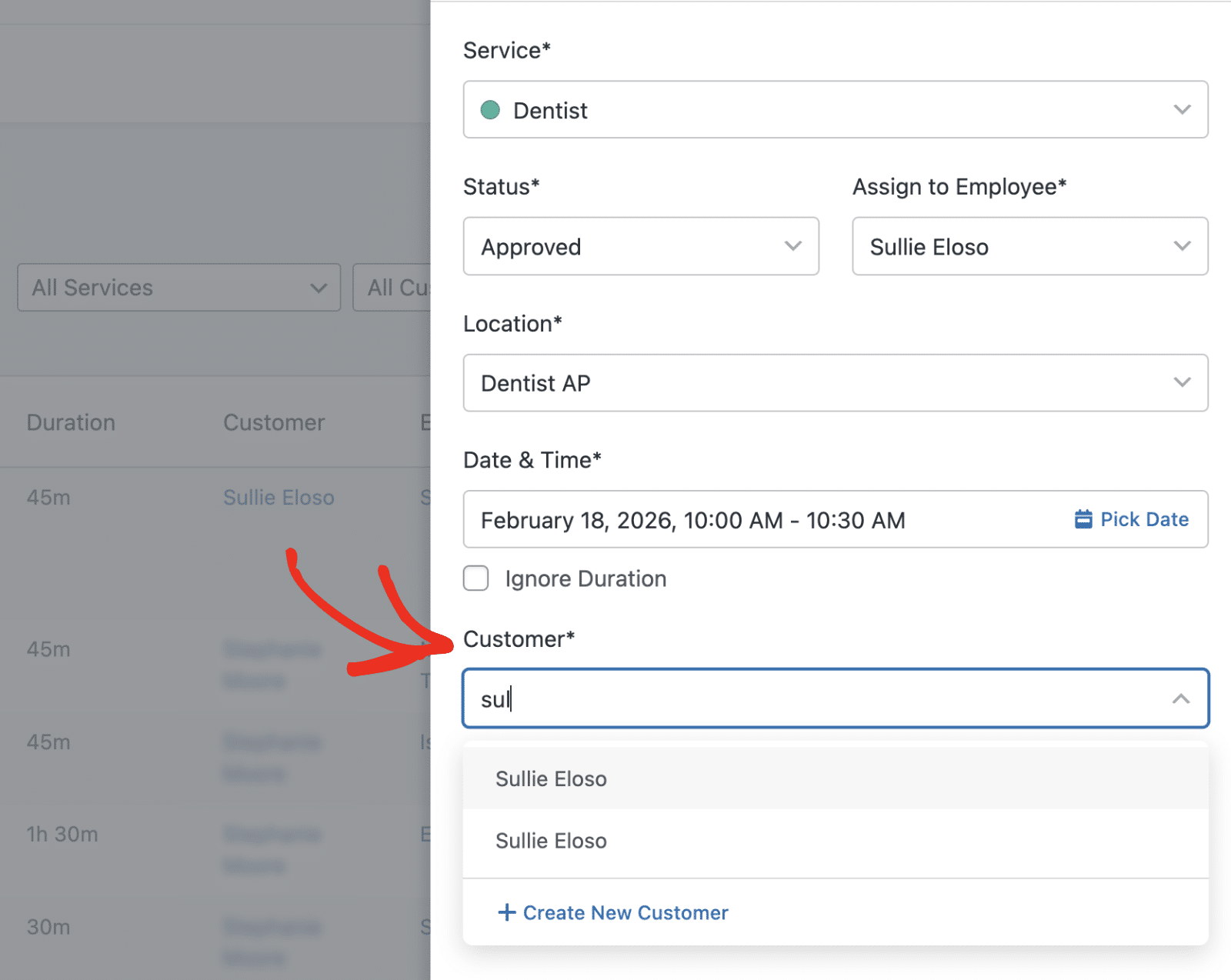 Click select customer field