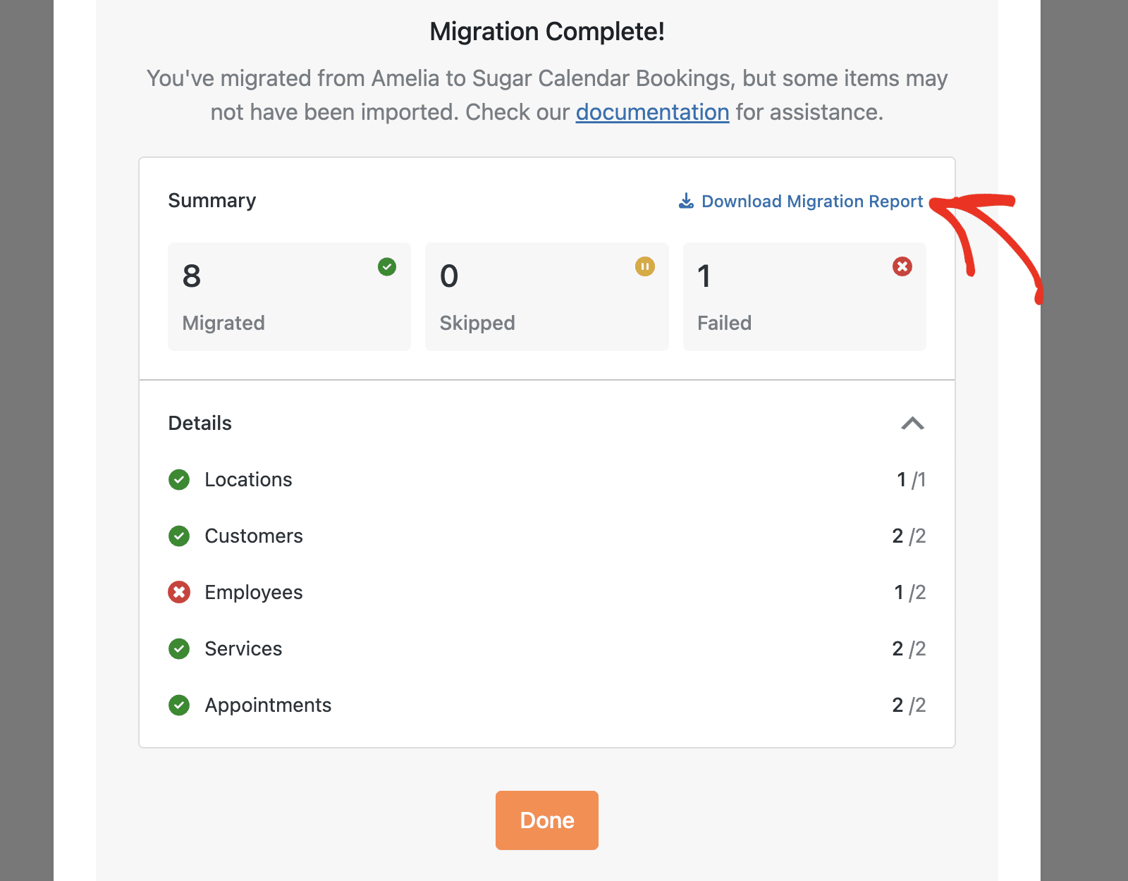 Click Download Migration Report to save the detailed report
