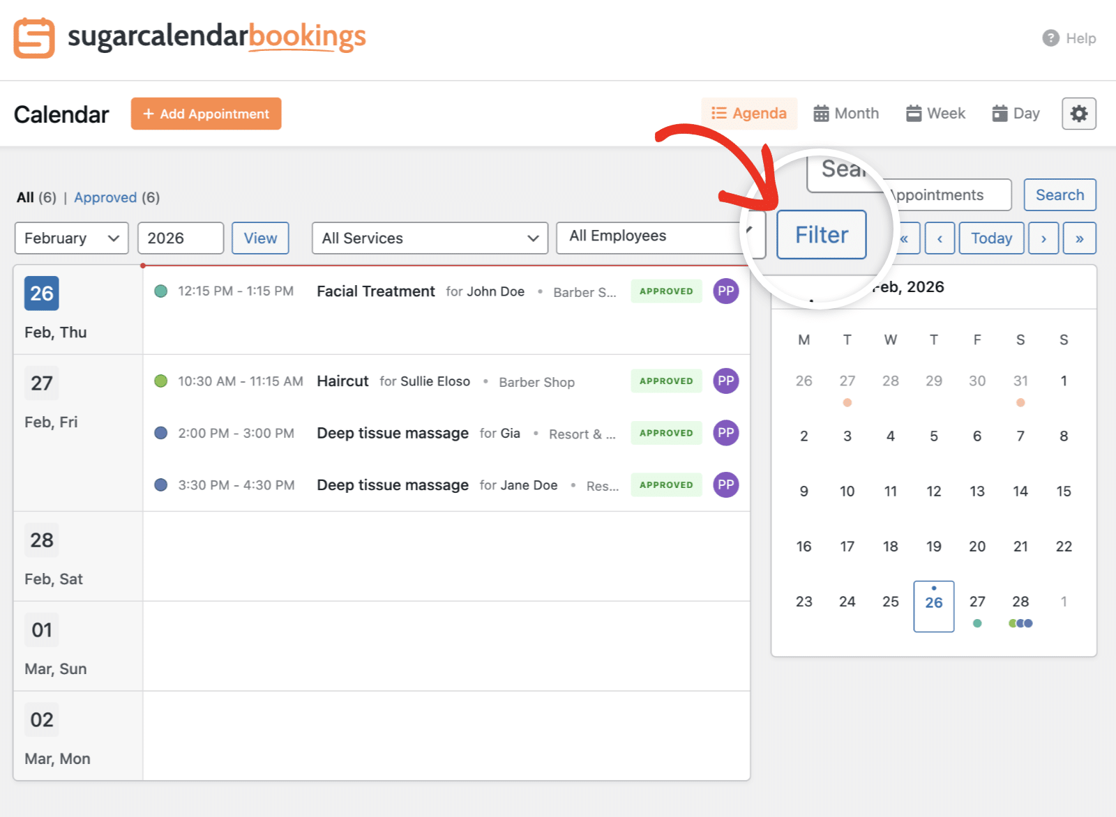 Filter appointments by service