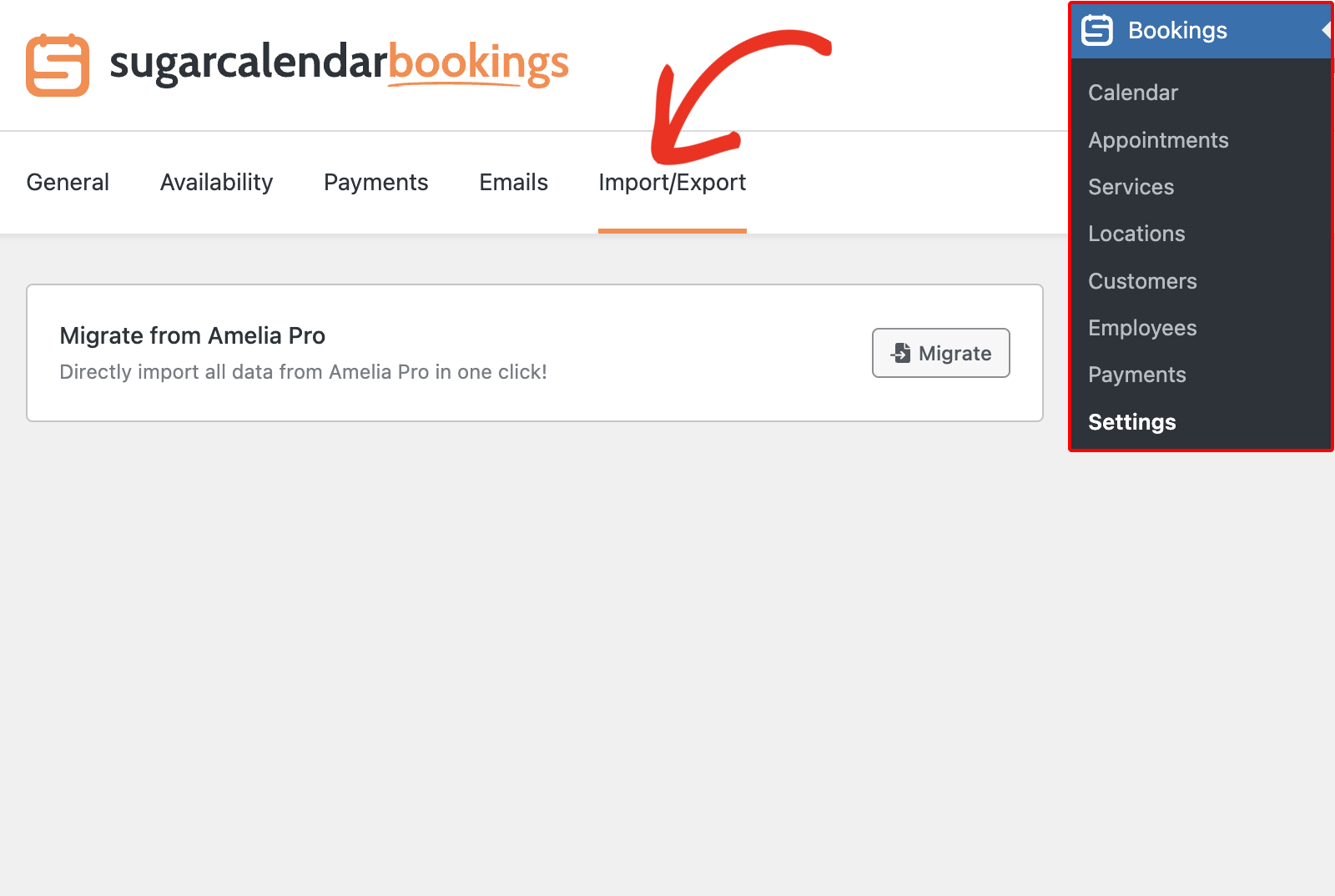 Navigate to Bookings Settings and click Import/Export tab
