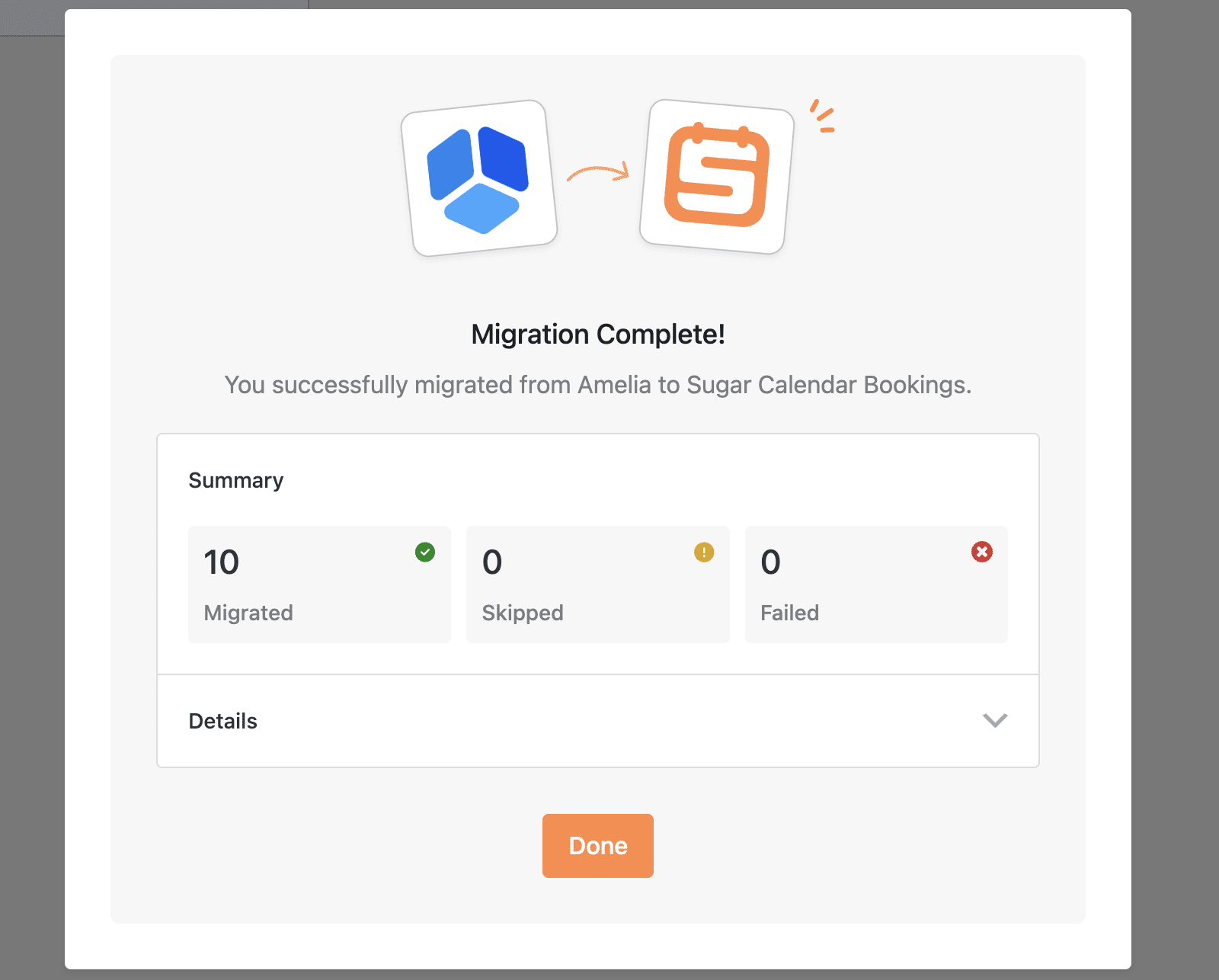 Migration Complete screen showing summary and details