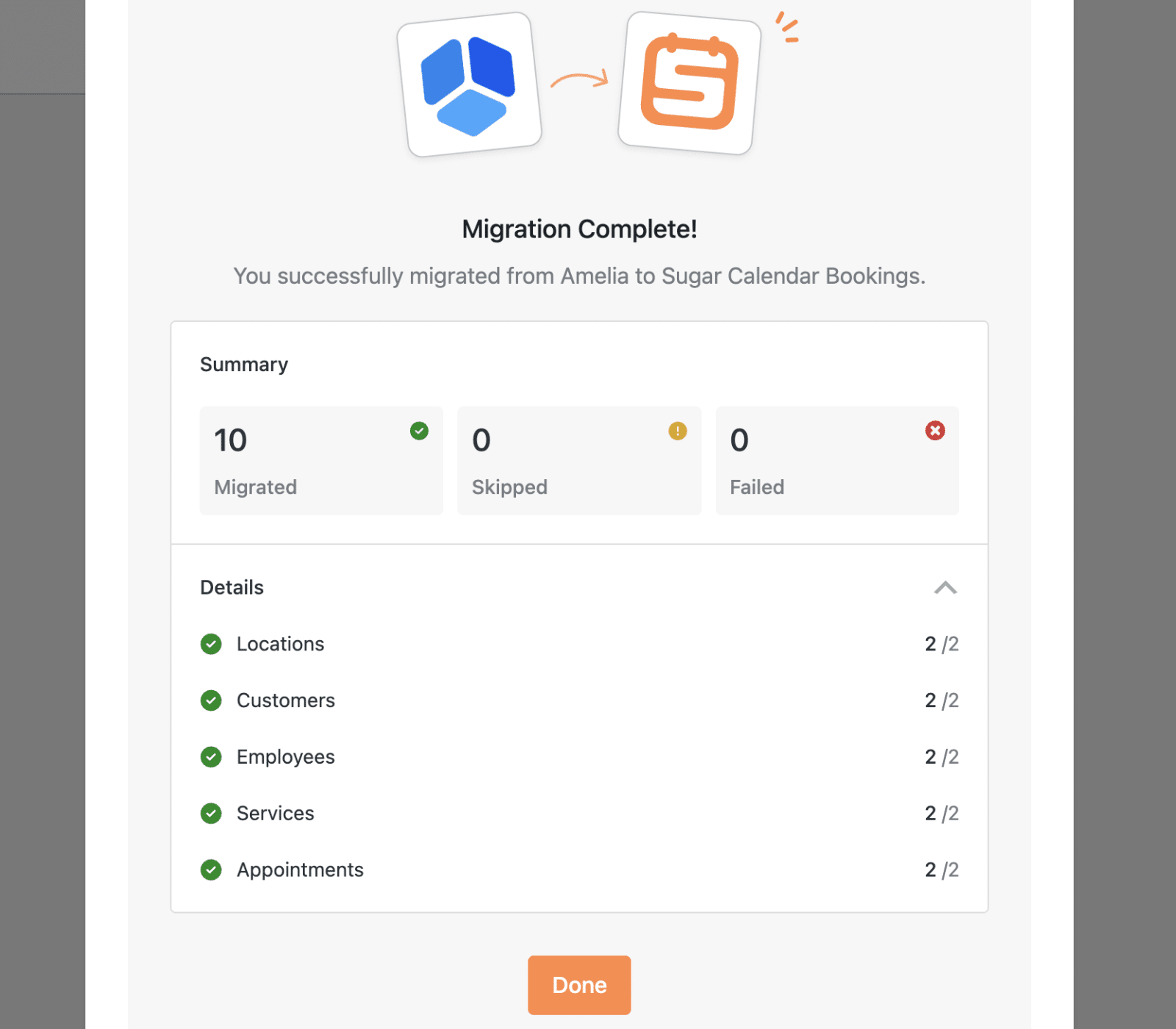 Expanded Details section showing migration status for each data type