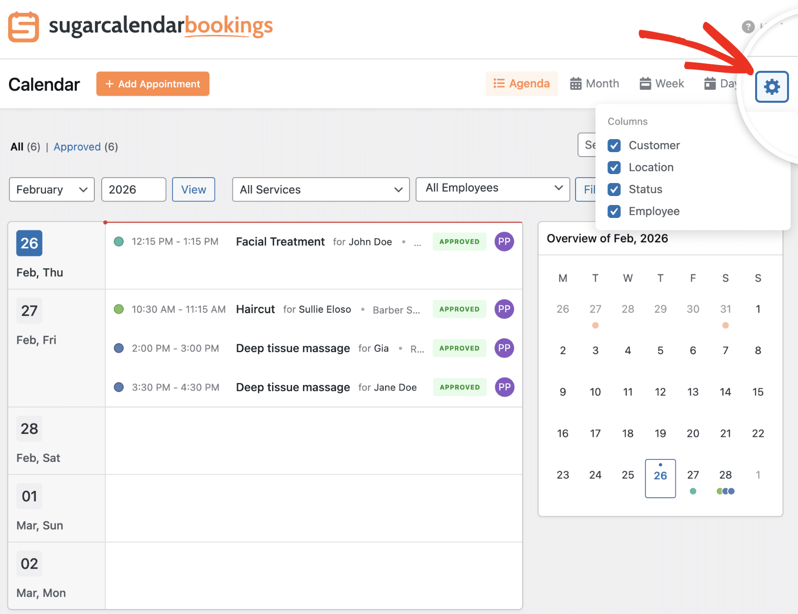 Agenda view settings options