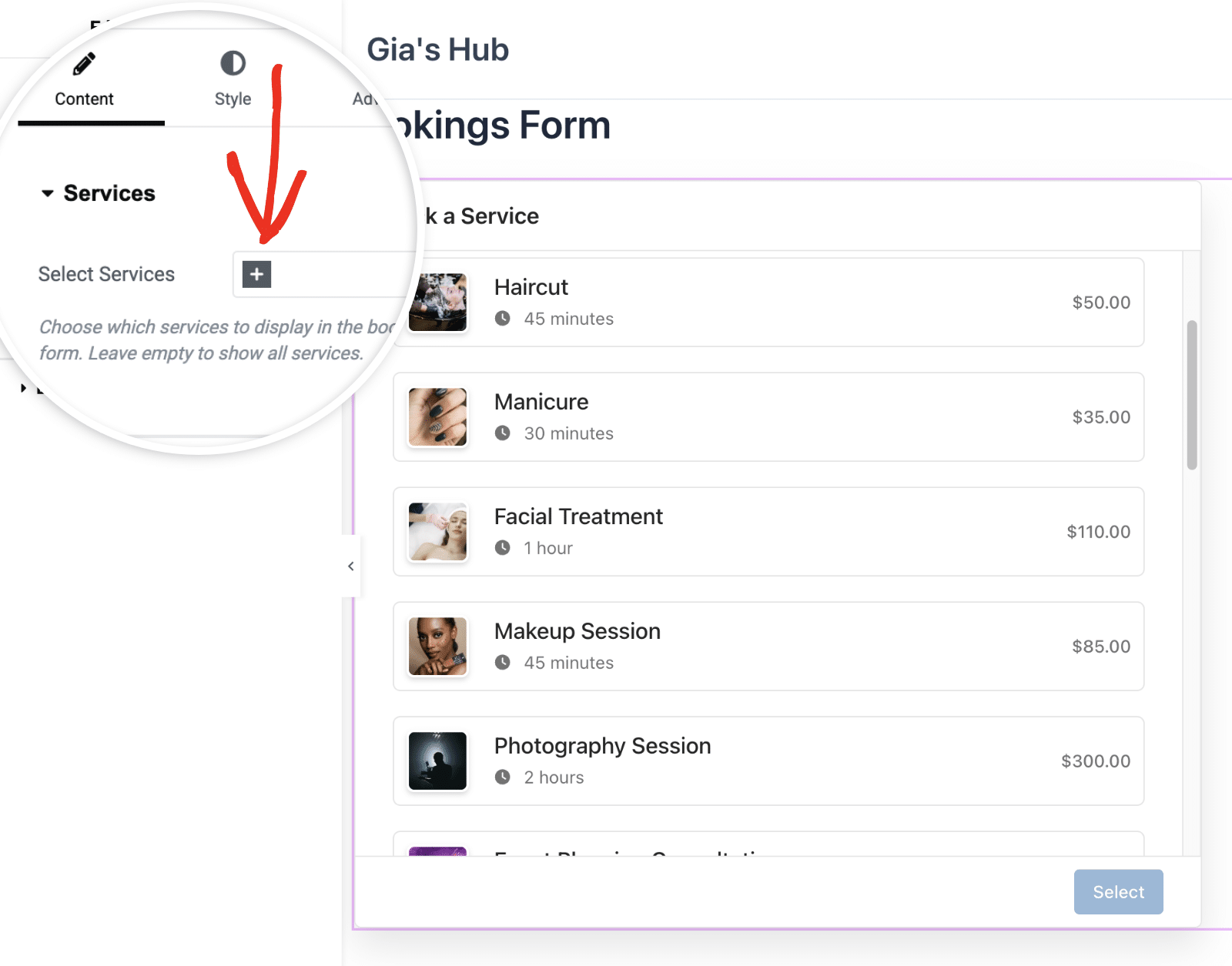 Select services in Elementor builder