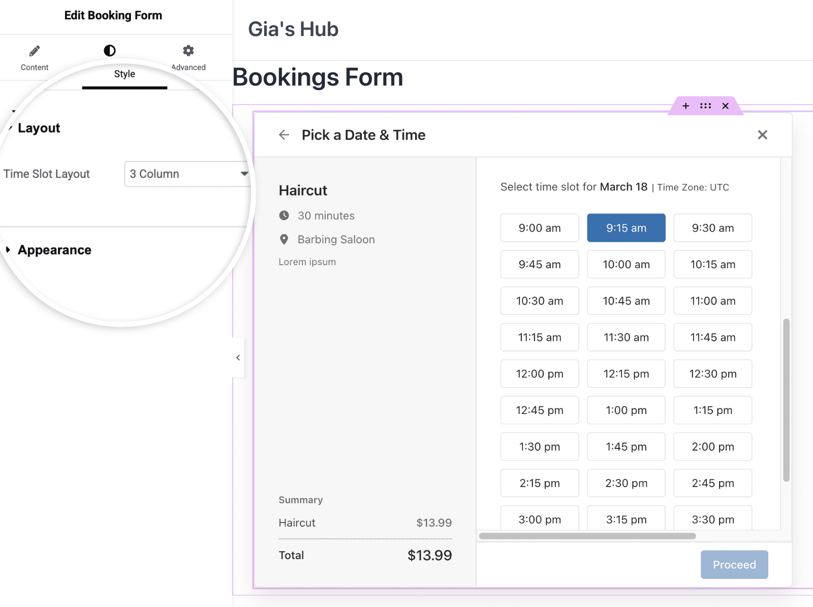Time Slot Layout dropdown