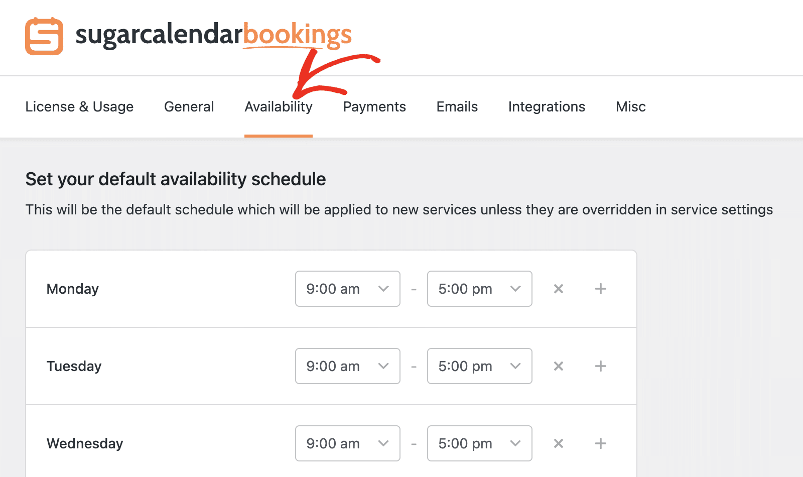 Open the Availability tab in Bookings Settings
