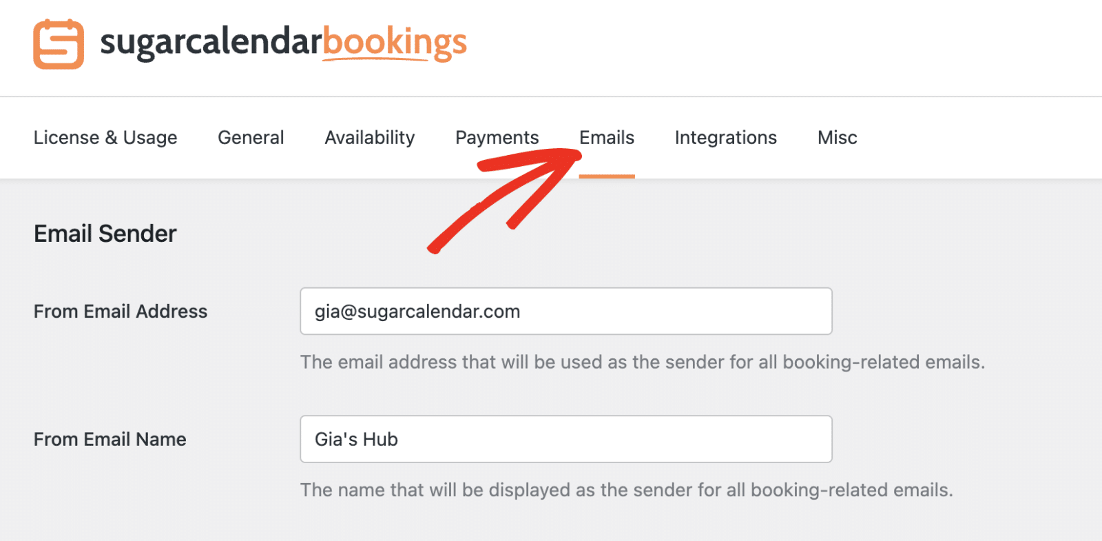 Open the Emails tab in Bookings settings