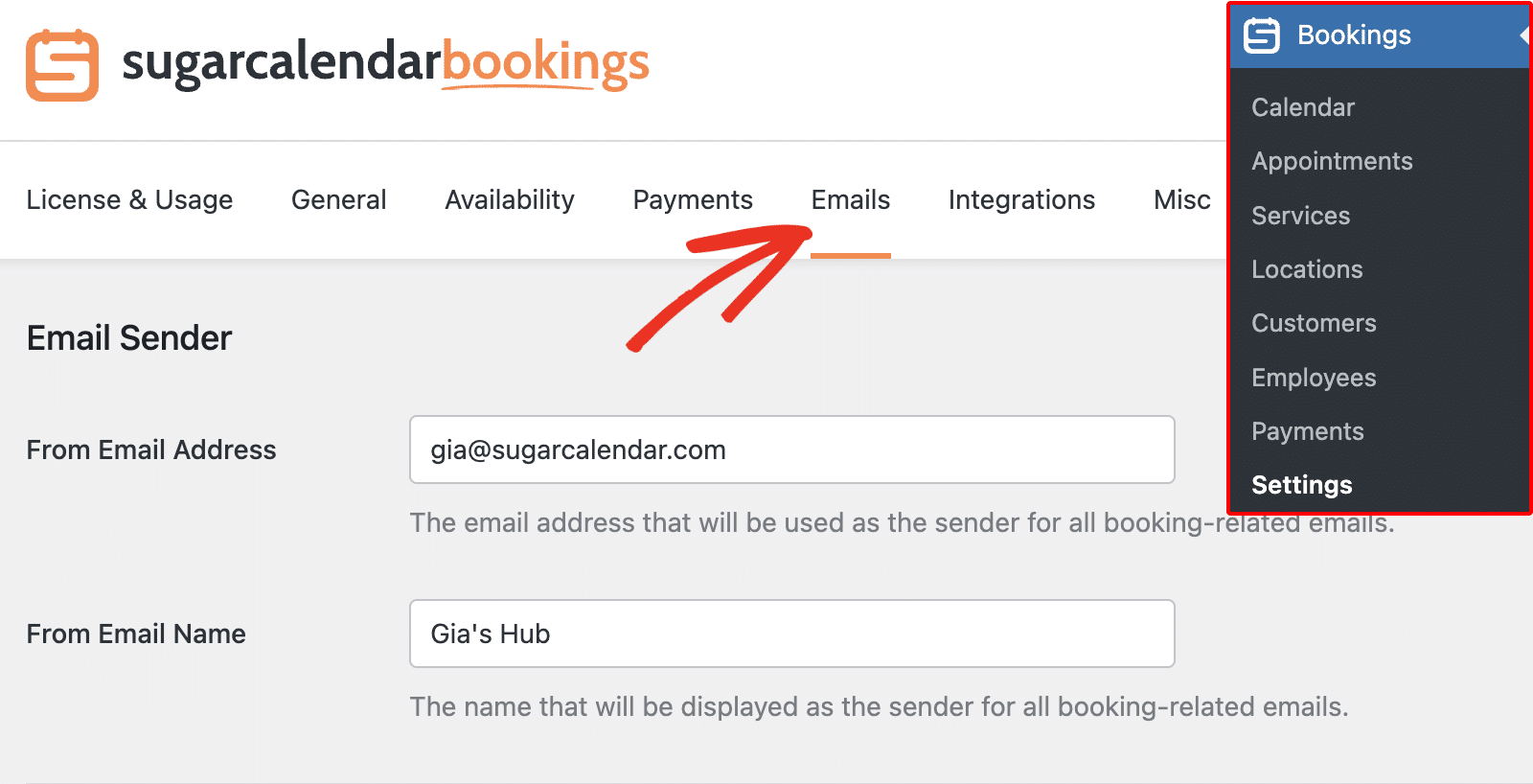 Click the Emails tab in Sugar Calendar settings