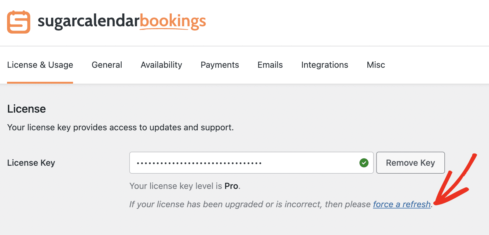 Force a refresh link under the license section