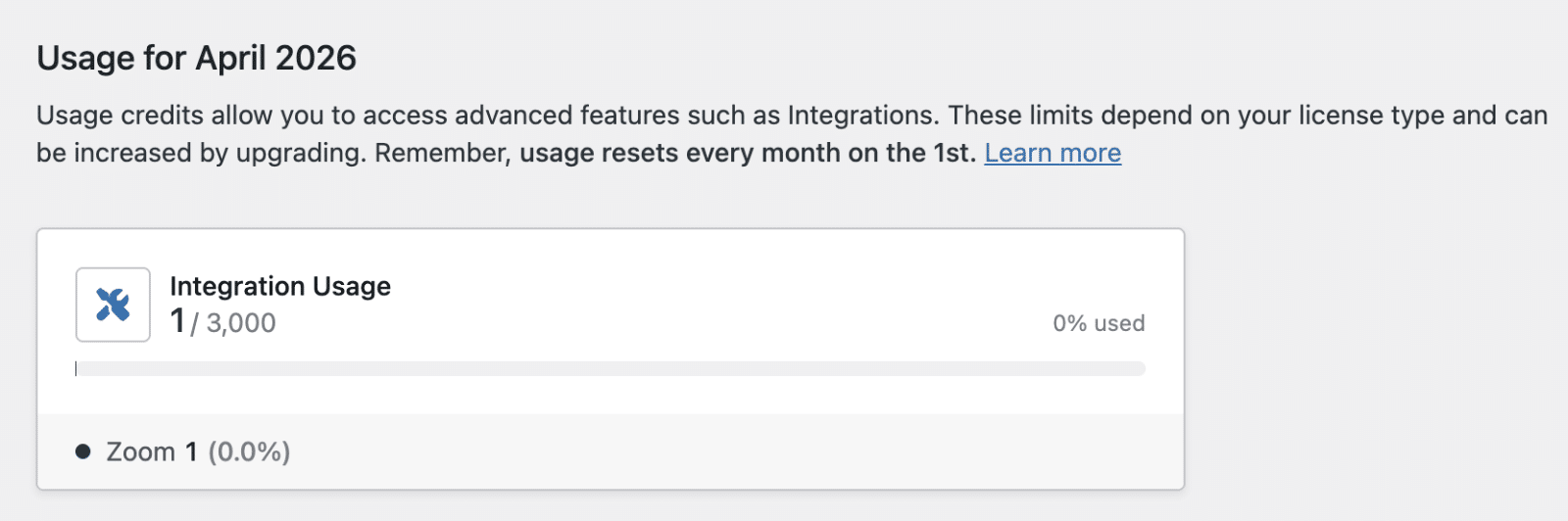 Integration usage statistics showing credits used and remaining