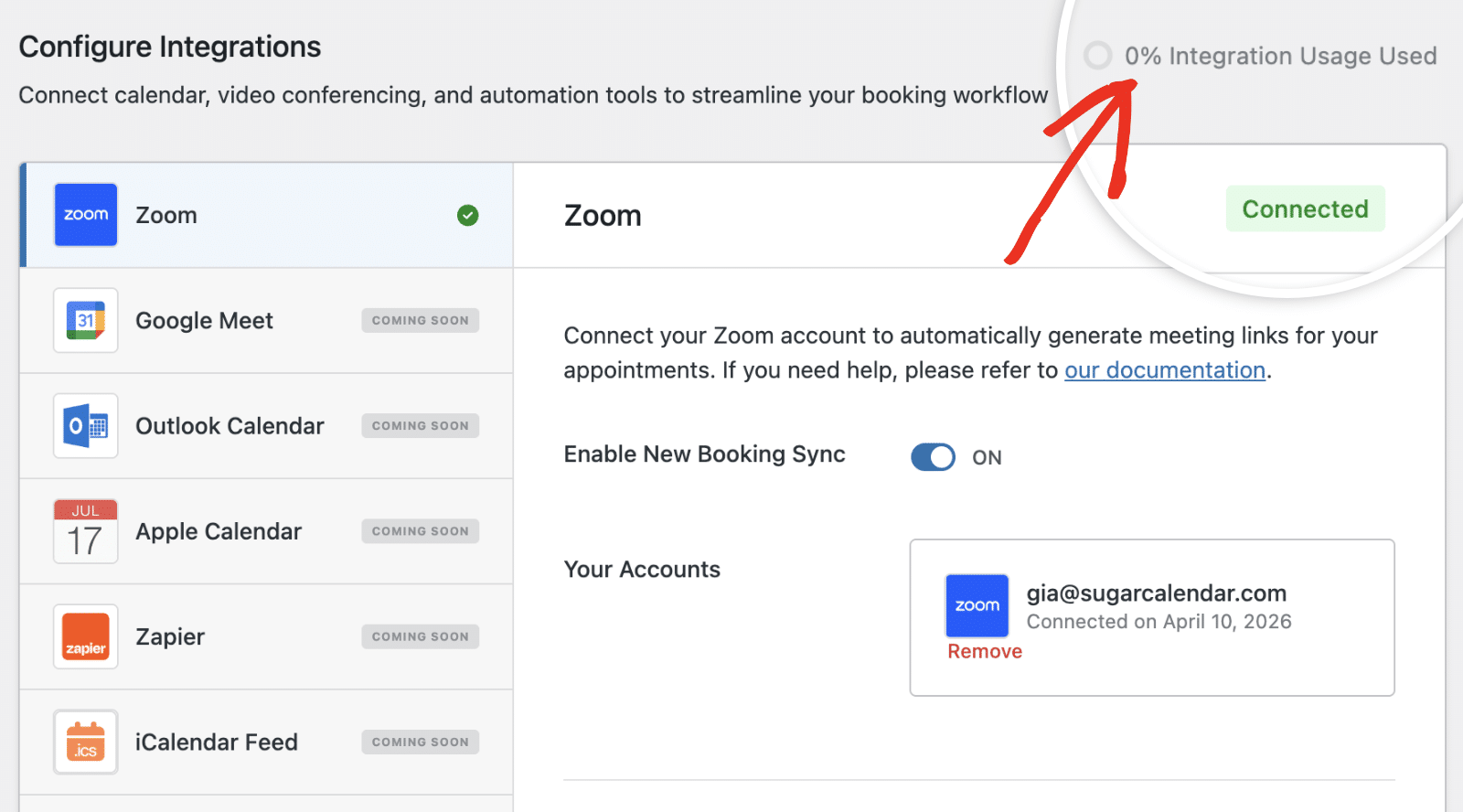 Usage tracker at the top of the Integrations page