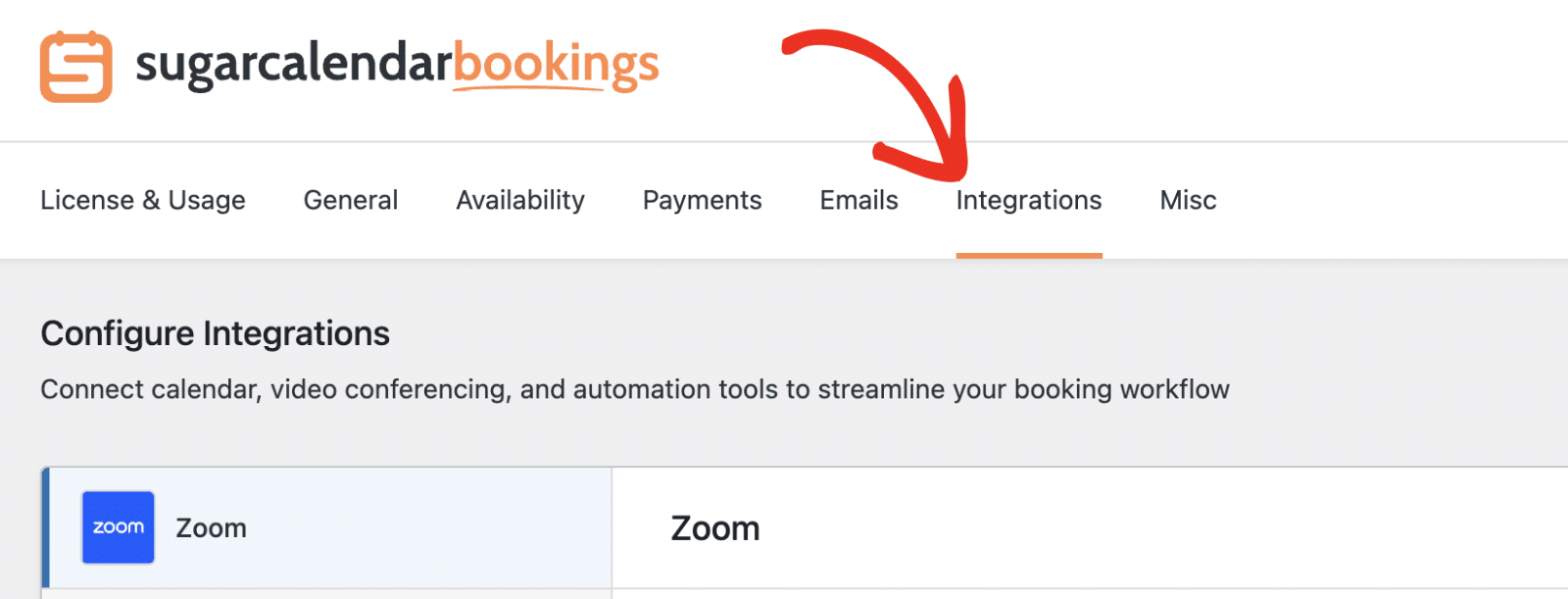 Integrations tab showing two-column layout with integration list on the left