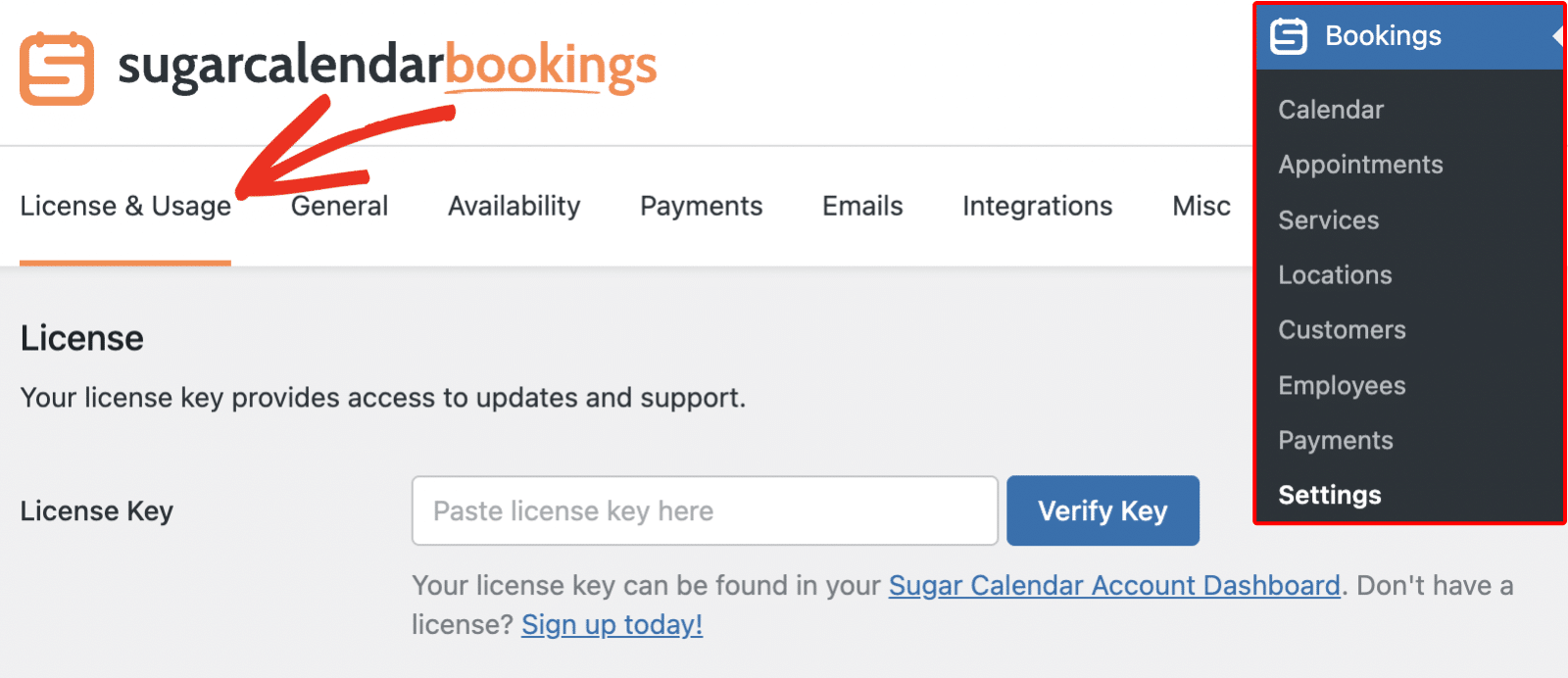 General settings tab for Sugar Calendar Bookings