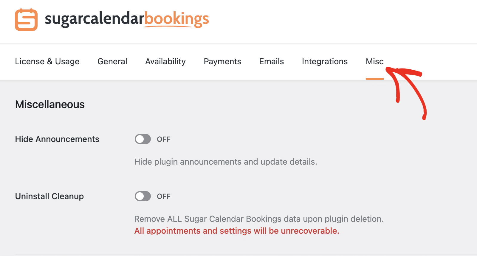 Misc tab in Sugar Calendar Bookings Settings