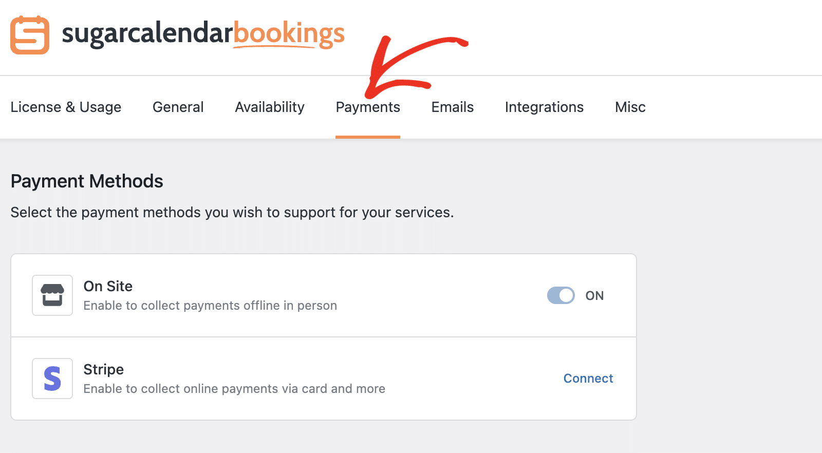 Manage payment methods in Bookings Settings