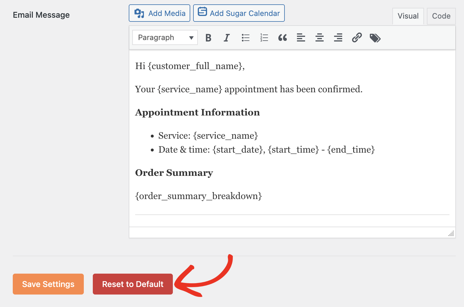 Reset to default button