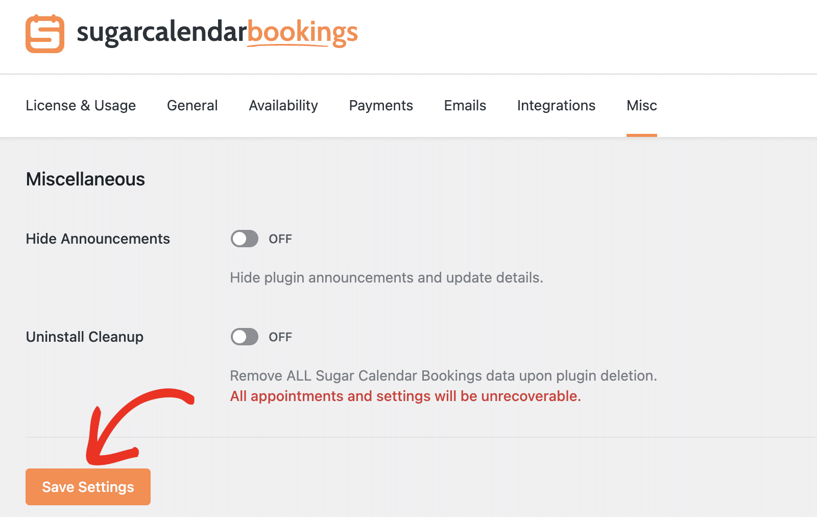 Save settings in Sugar Calendar Bookings