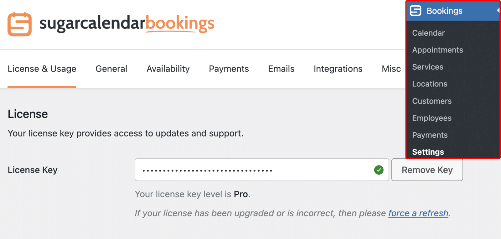 Settings tabs in Sugar Calendar Bookings including all available tabs