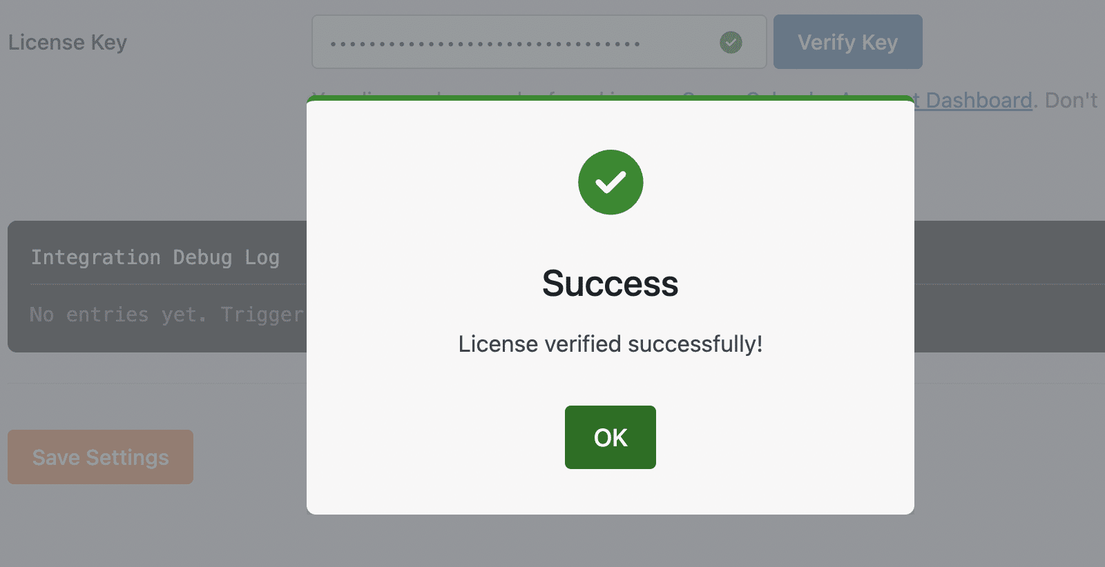 License verification success message