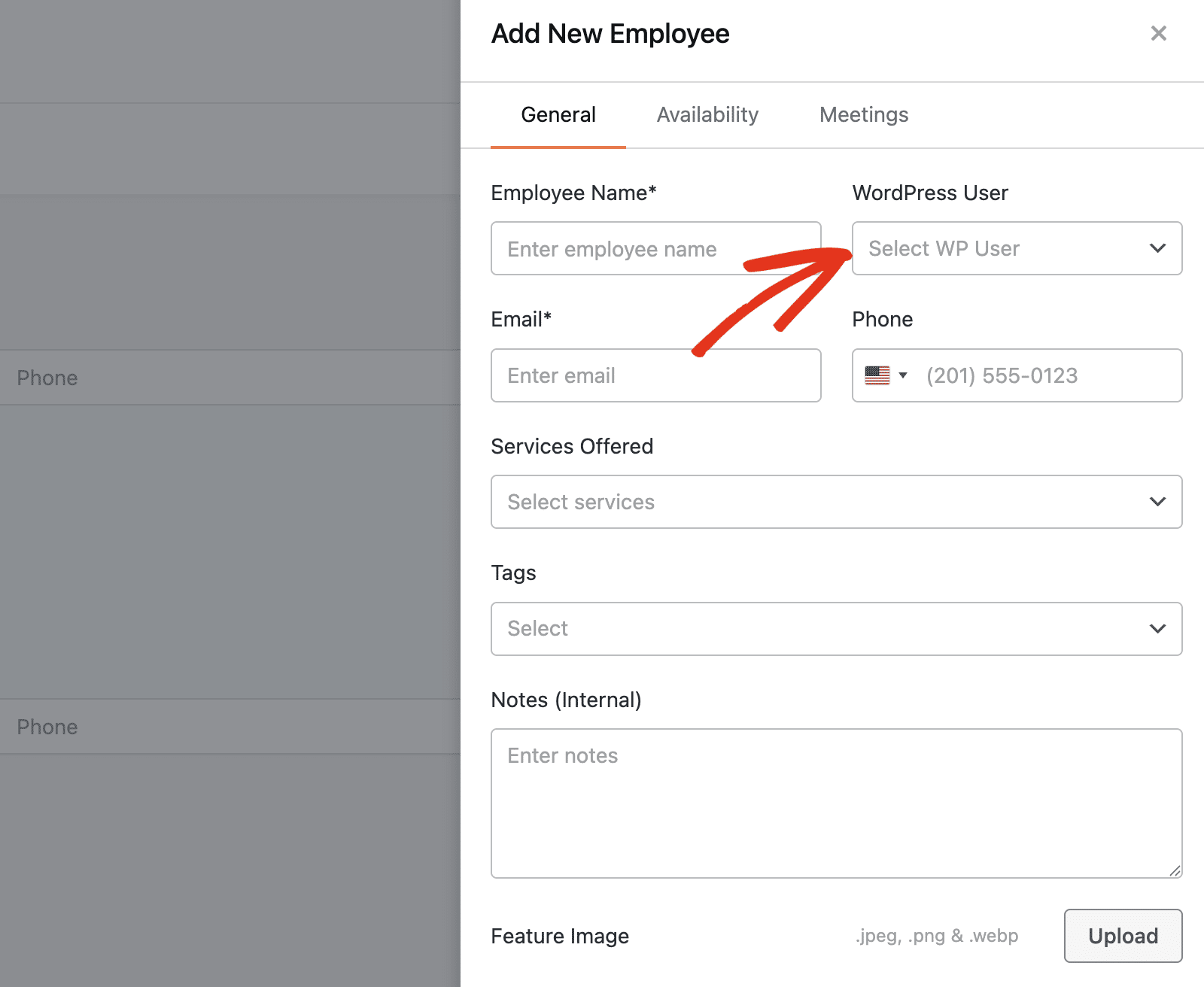 Add New Employee modal showing the WordPress User field with the dropdown and Create New option