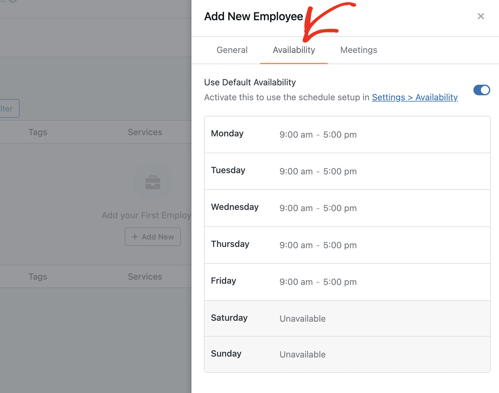 Click the Availability tab in the employee modal