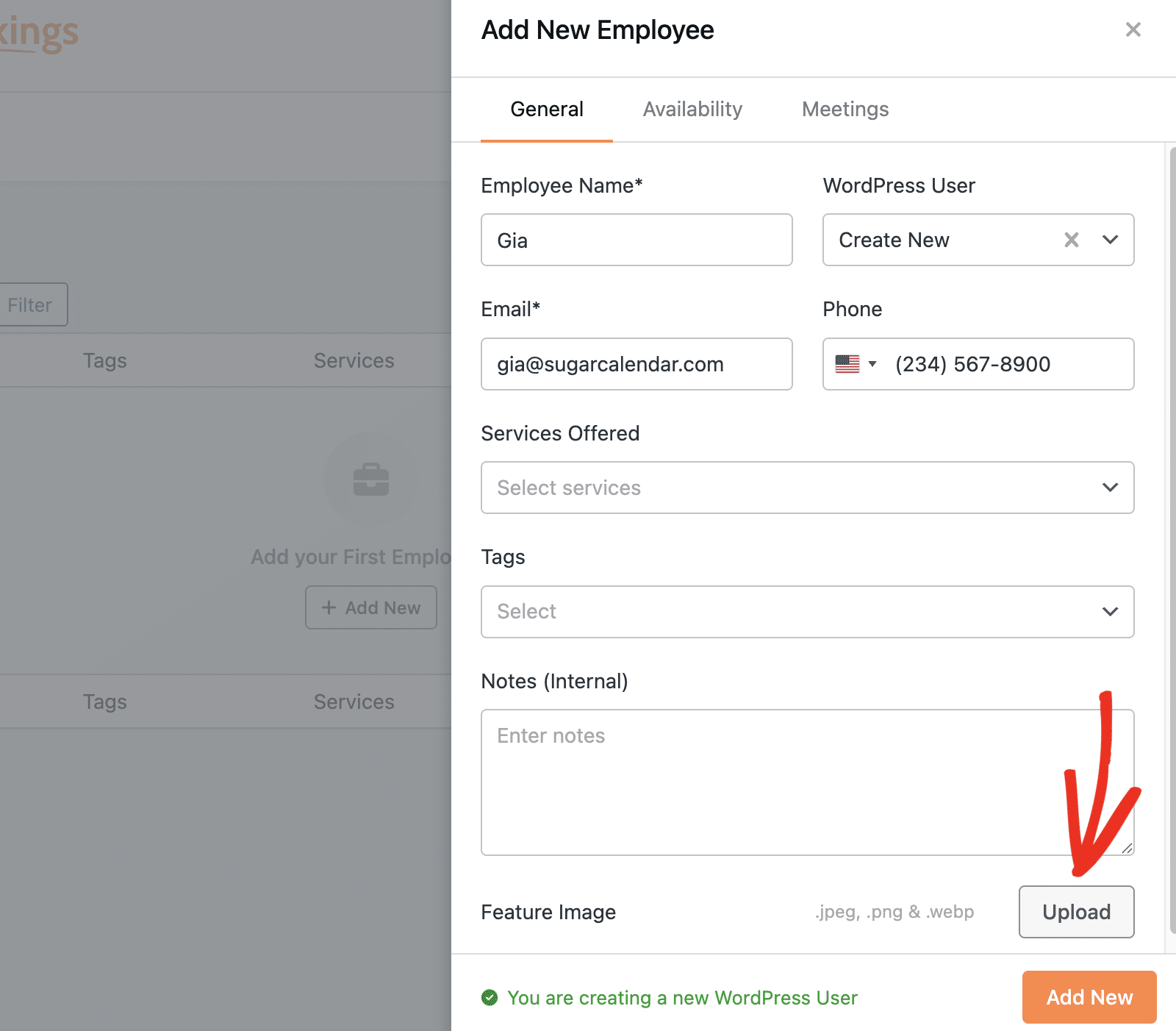 Upload feature image for employee