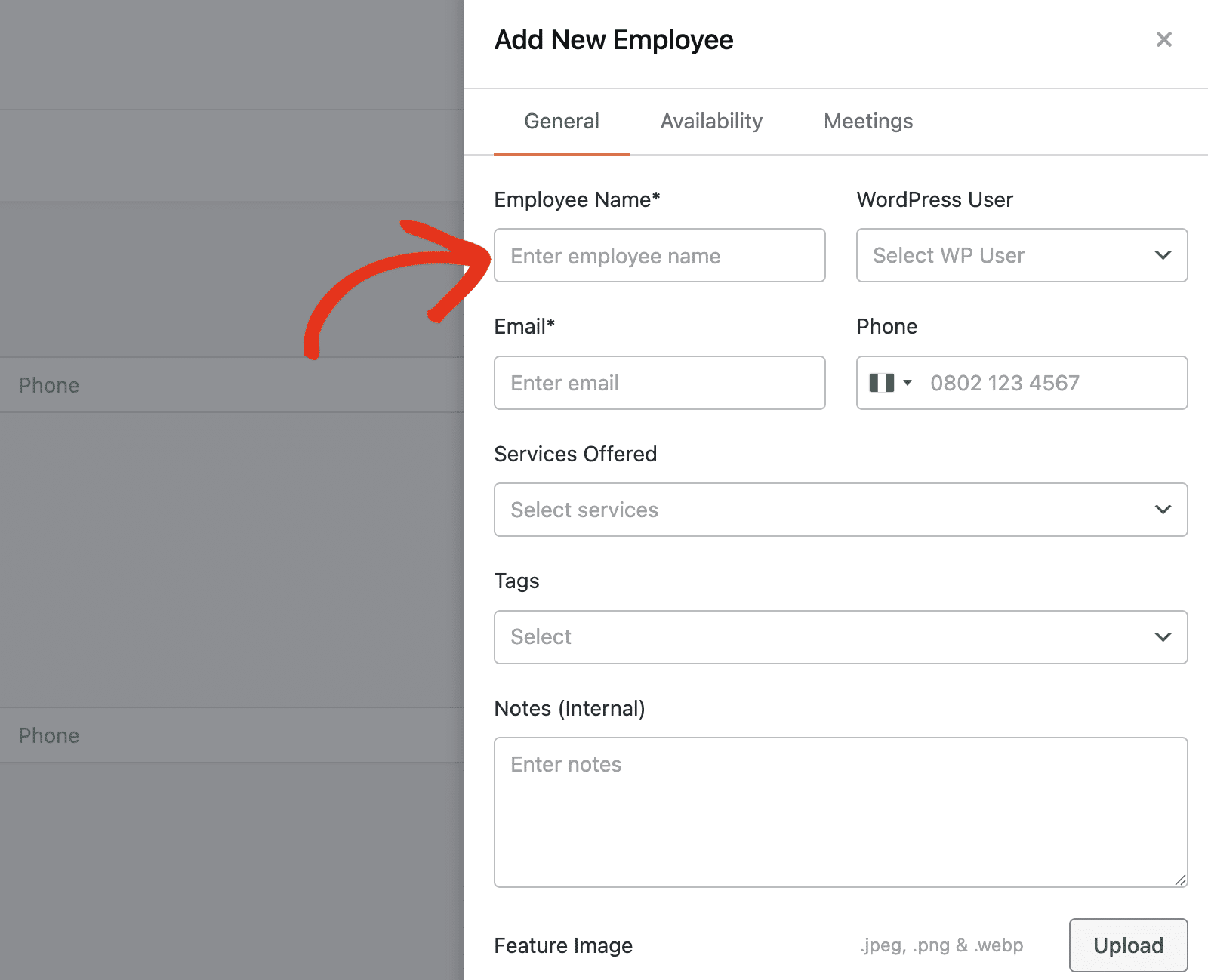 Enter employee name in the General tab