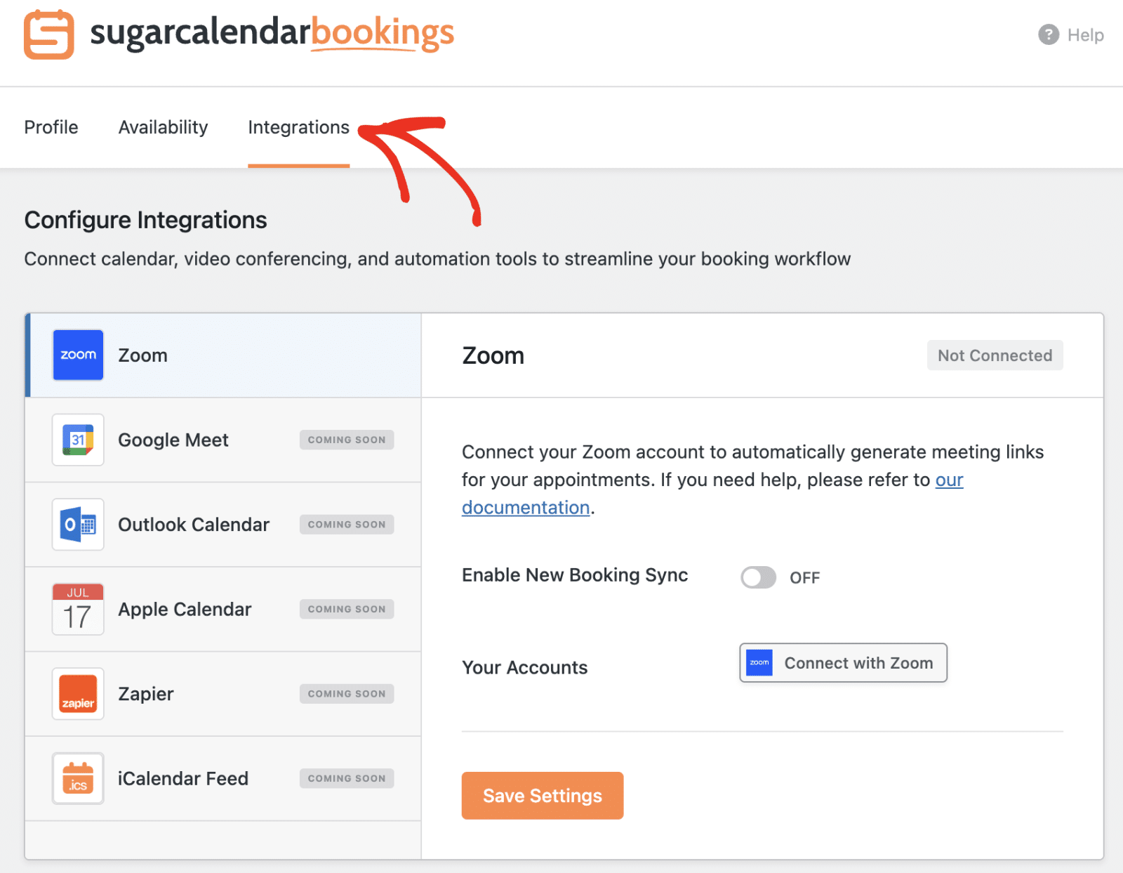Employee settings page showing the Integrations tab with the Connect with Zoom button