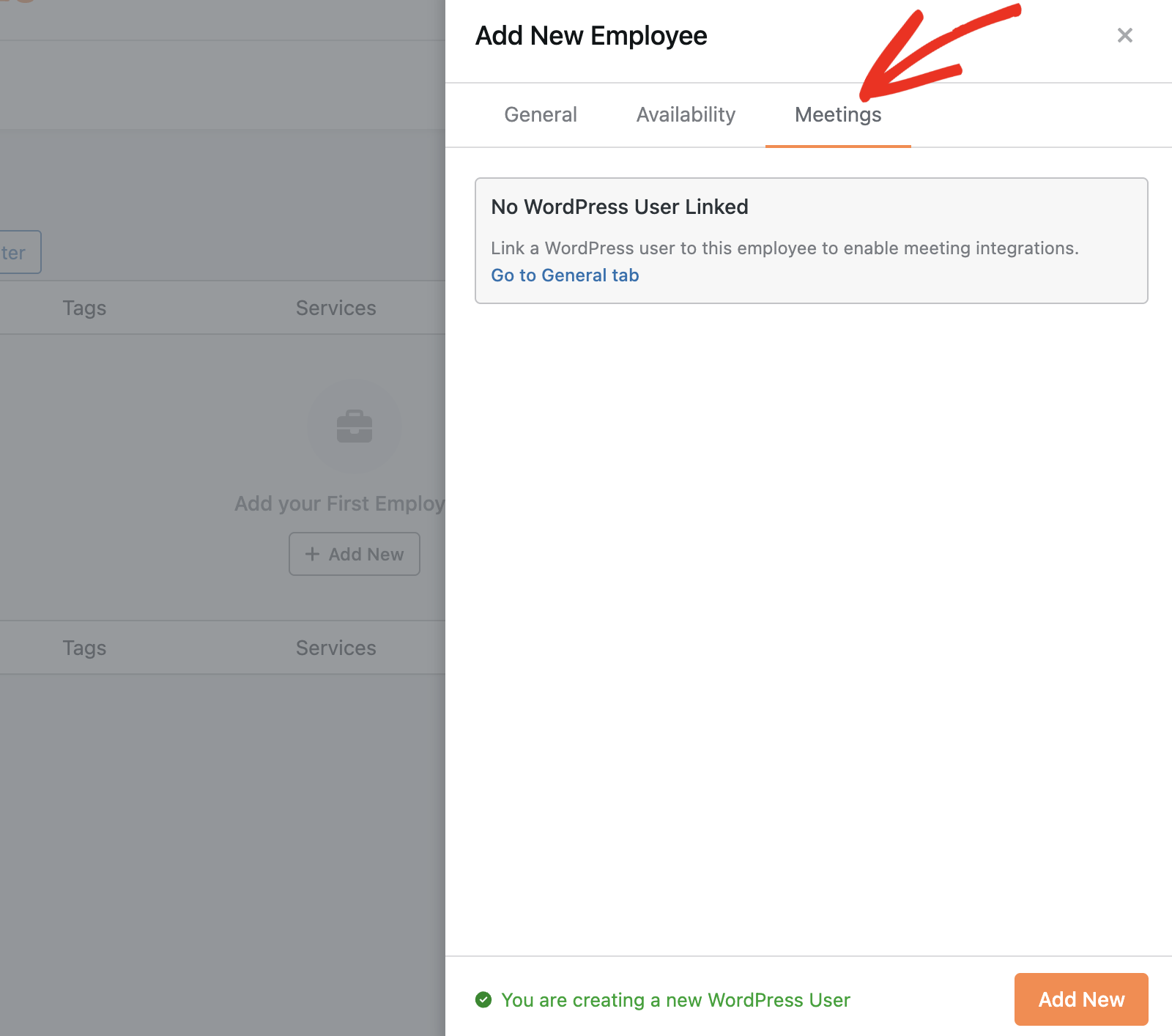 Click the meetings tab