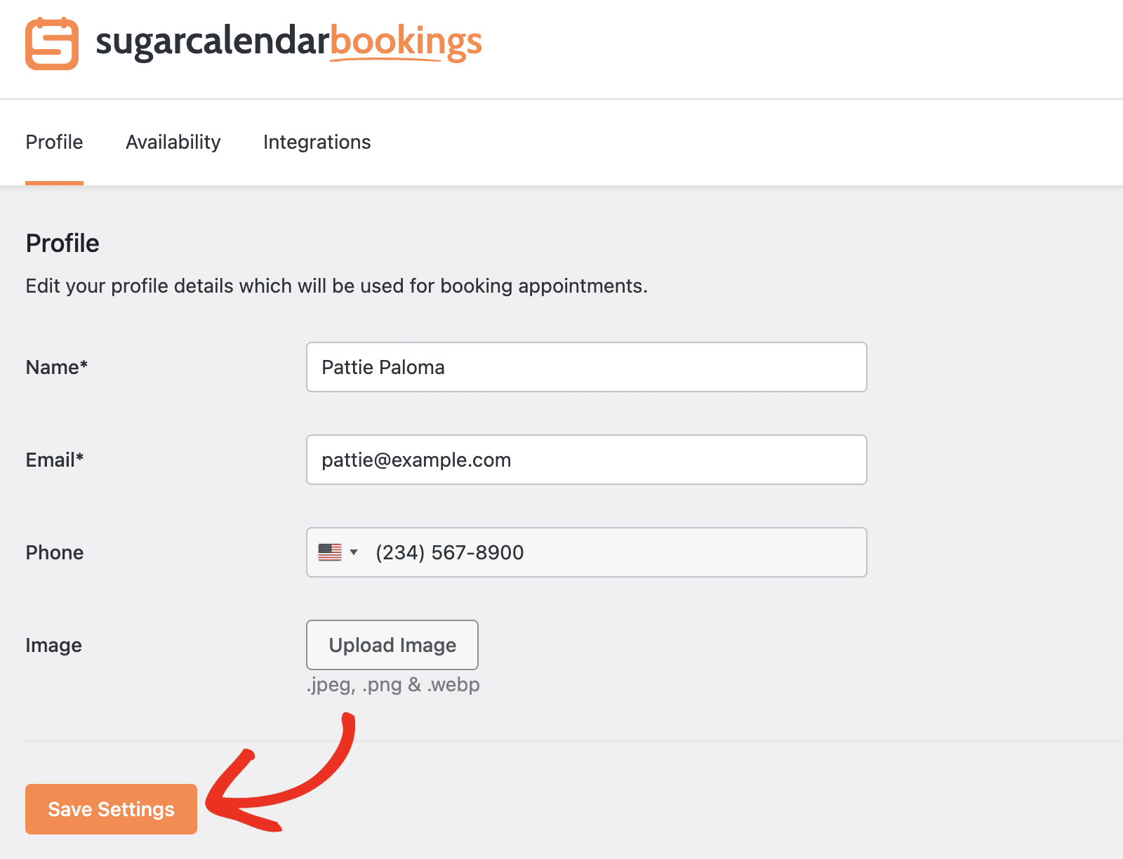 The employee settings page showing all three tabs: Profile, Availability, and Integrations