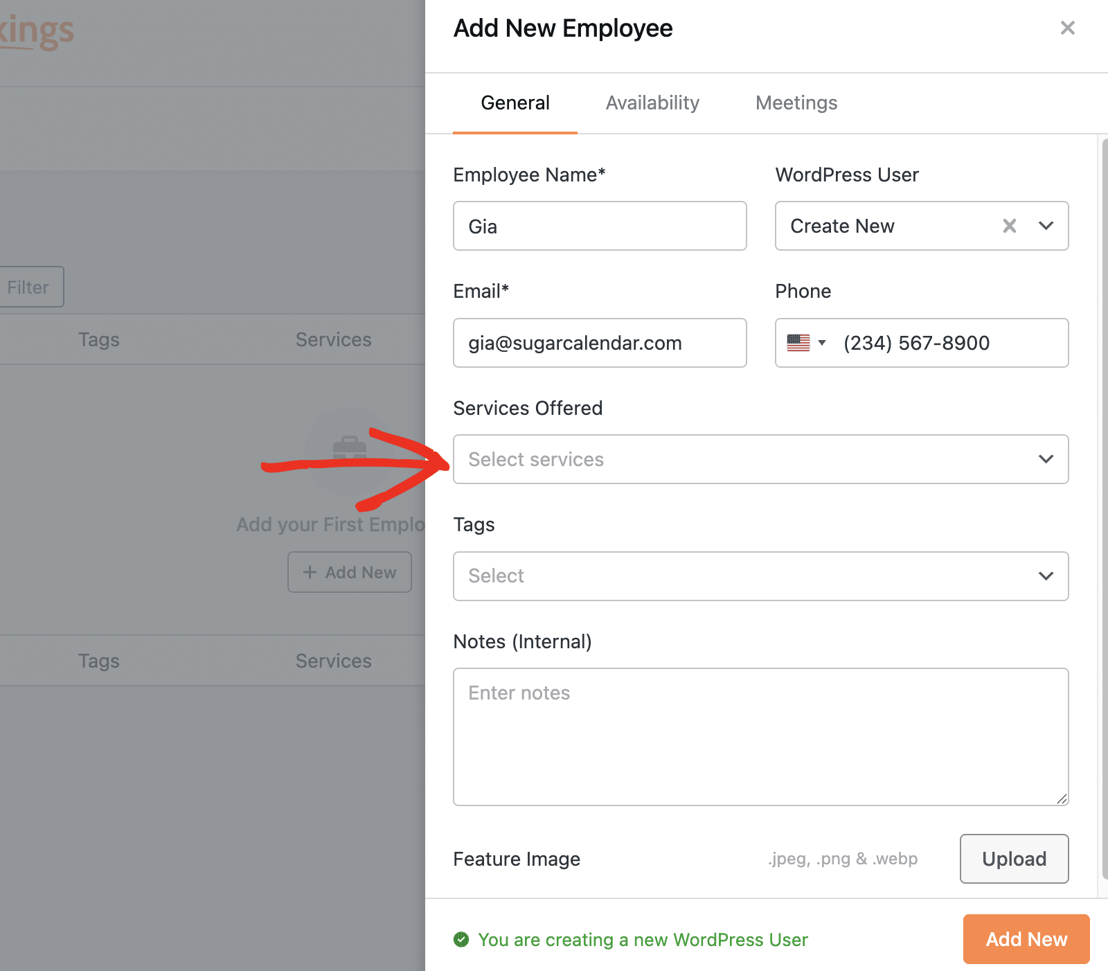 Select services for the employee from the Services Offered dropdown