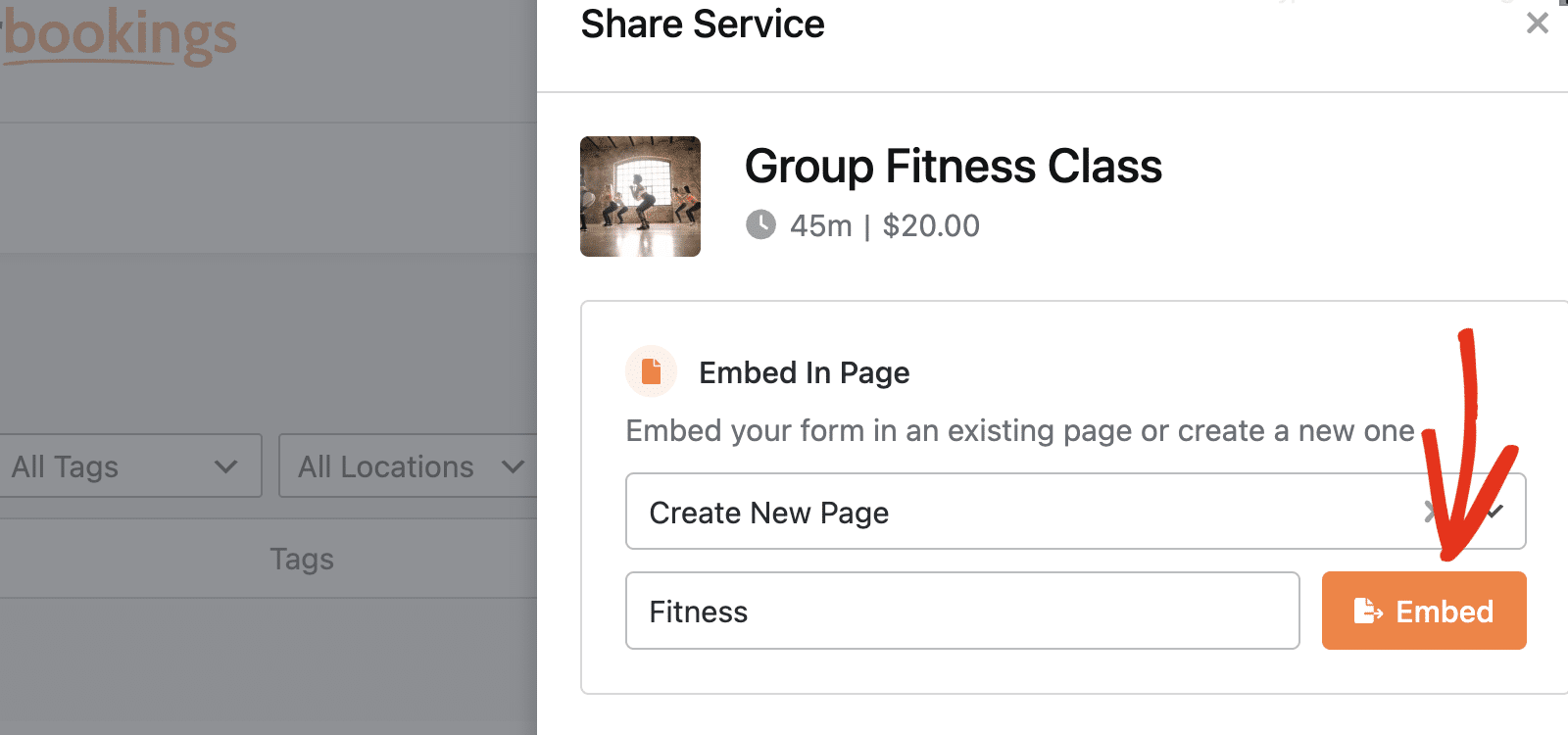 Enter page name and click Embed