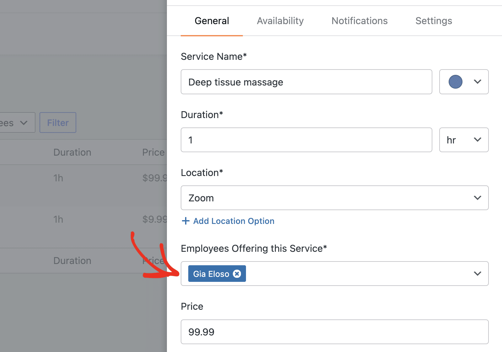 Service editor showing the Employee field above the Location field