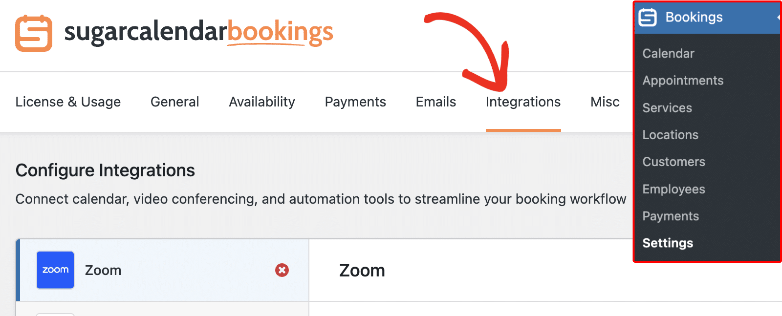 The Integrations tab in Bookings Settings, showing the Zoom integration panel with the Connect with Zoom button
