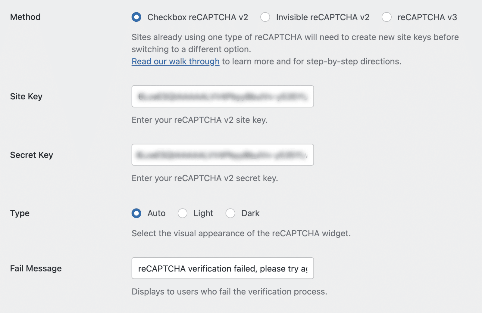 reCAPTCHA additional settings