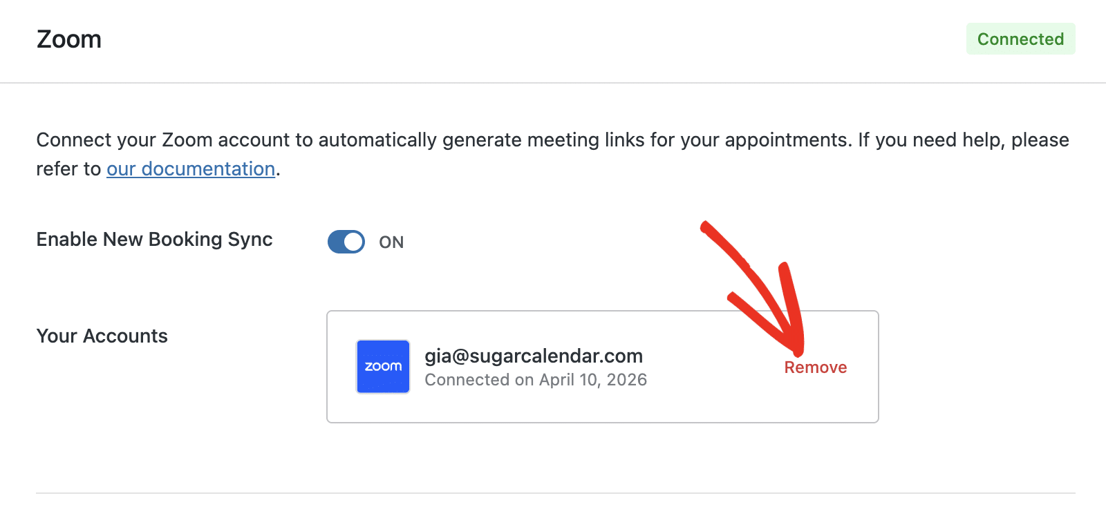 Integrations settings page with the Remove button highlighted next to the Zoom account