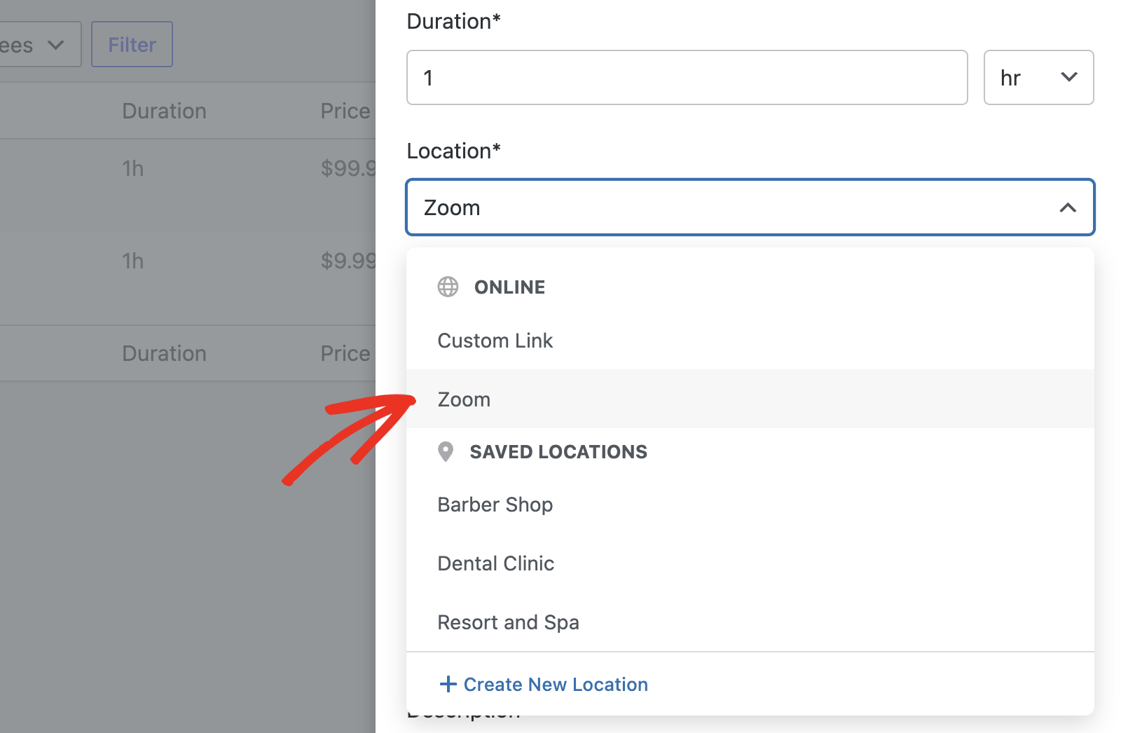 Location field dropdown in the service editor showing Zoom as an available option