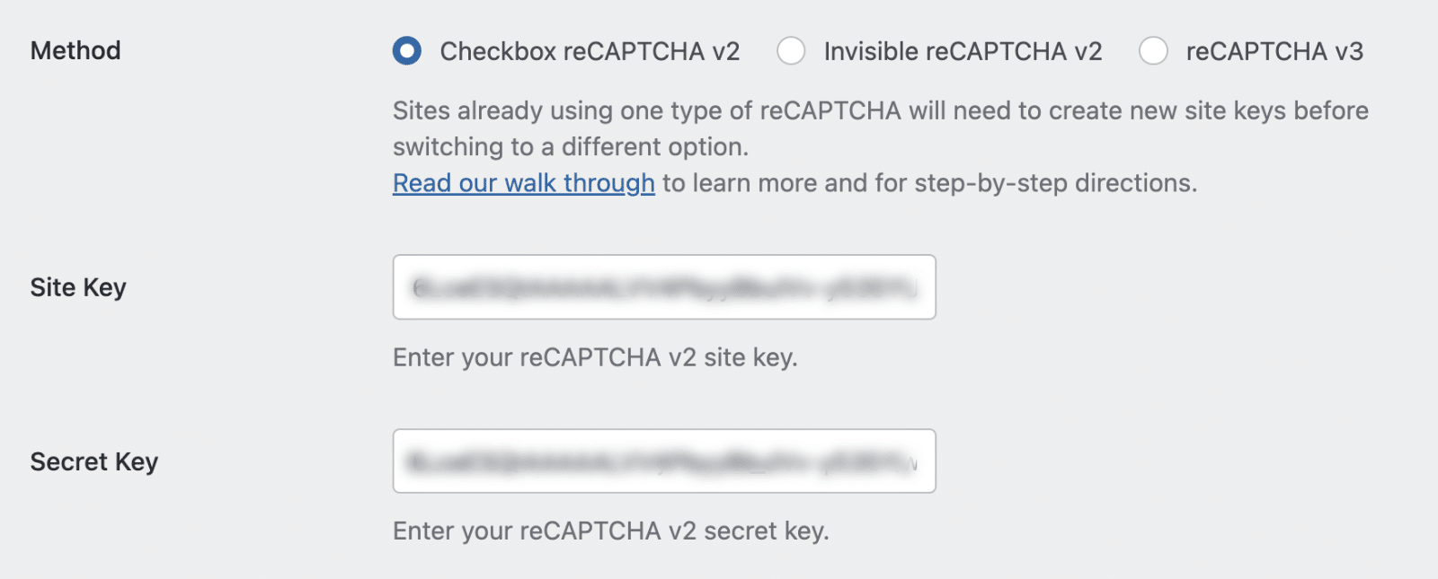 Paste reCAPTCHA keys and select the method