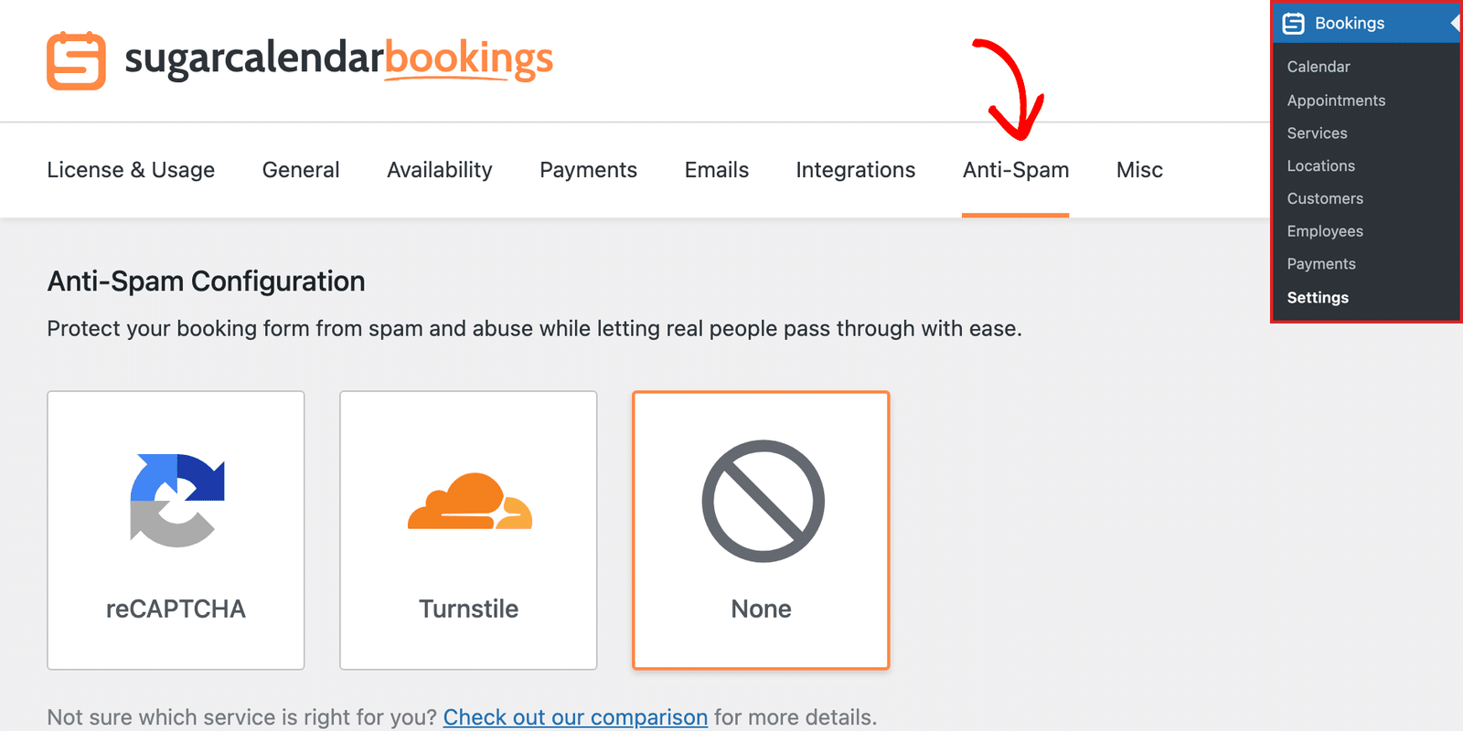Sugar Calendar Bookings Anti-Spam settings page