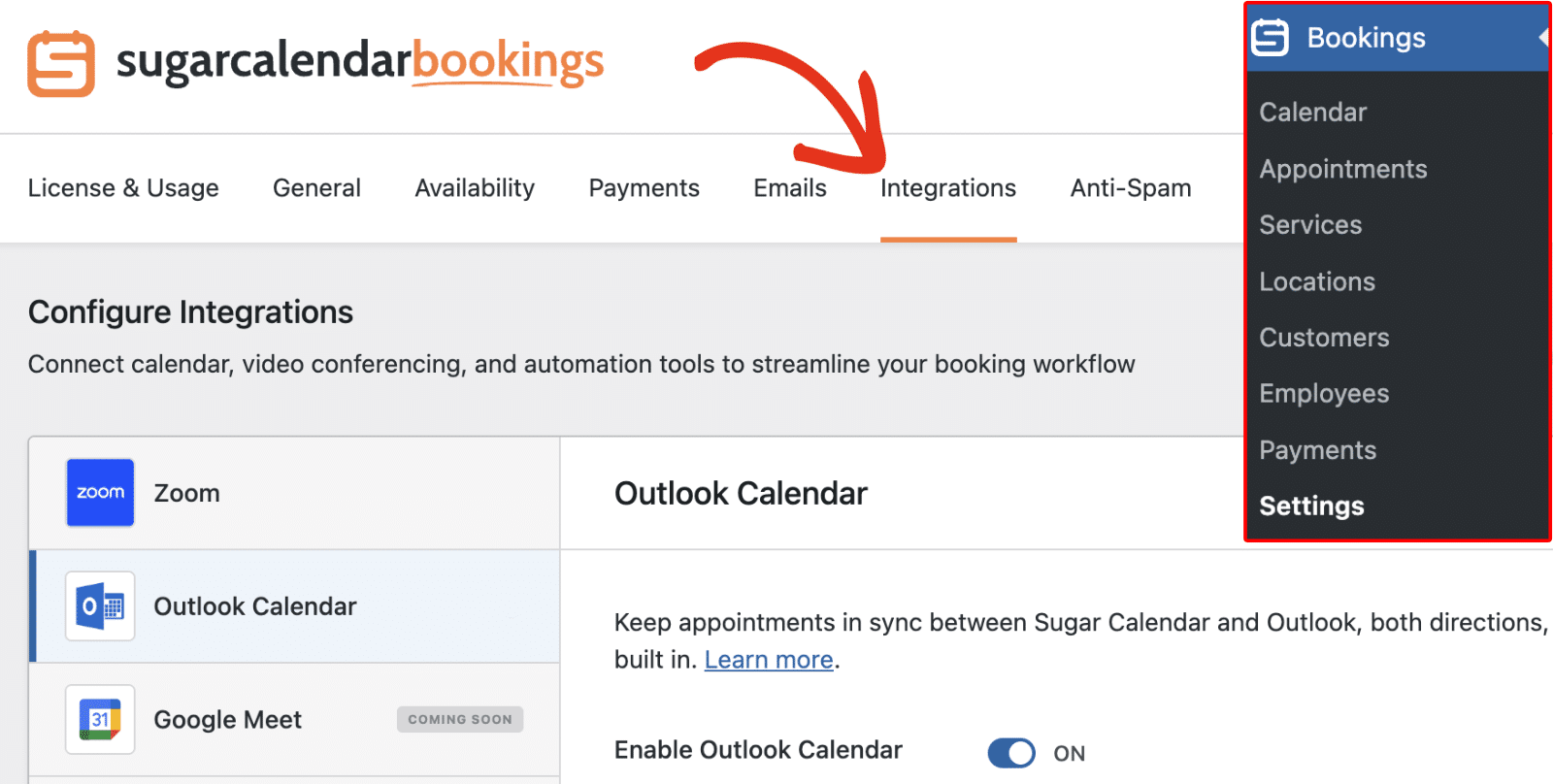 The Integrations tab in Bookings Settings with Outlook Calendar selected